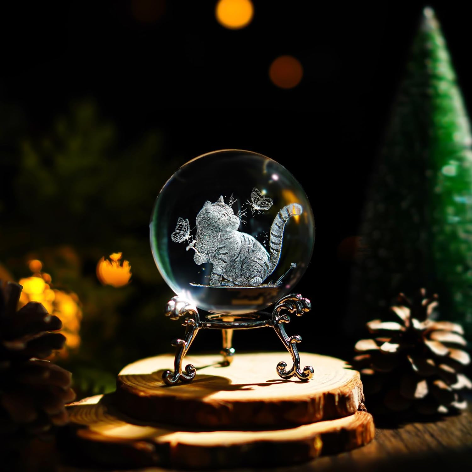 3D Cat Crystal Ball Decor for Home Glass Laser Engraved Cat with Butterflies Paperweight Ball with Stand - Image 2