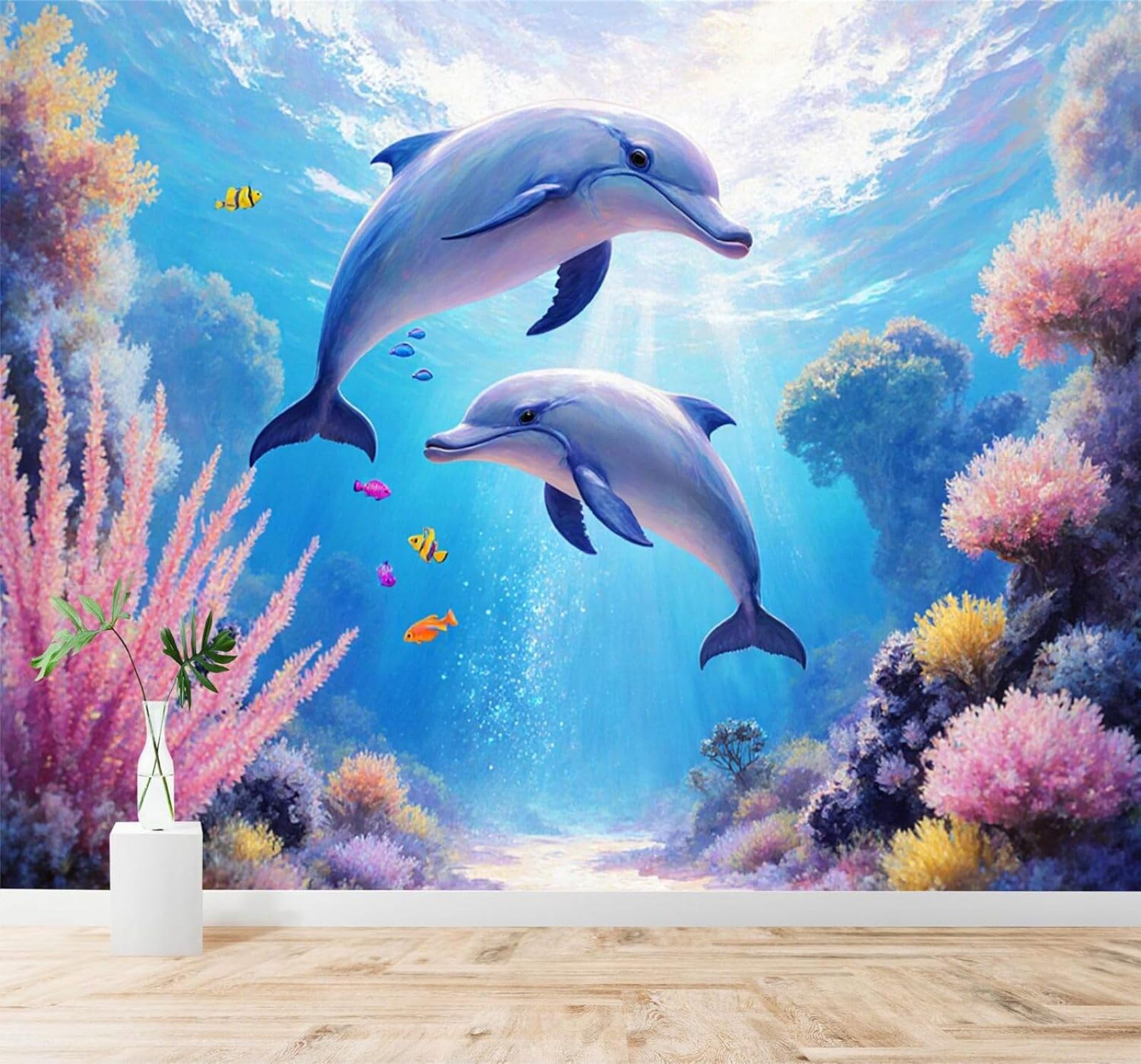3D Papel Pintado Hermoso Mundo Submarino Delfines Arrecifes De Coral Océano