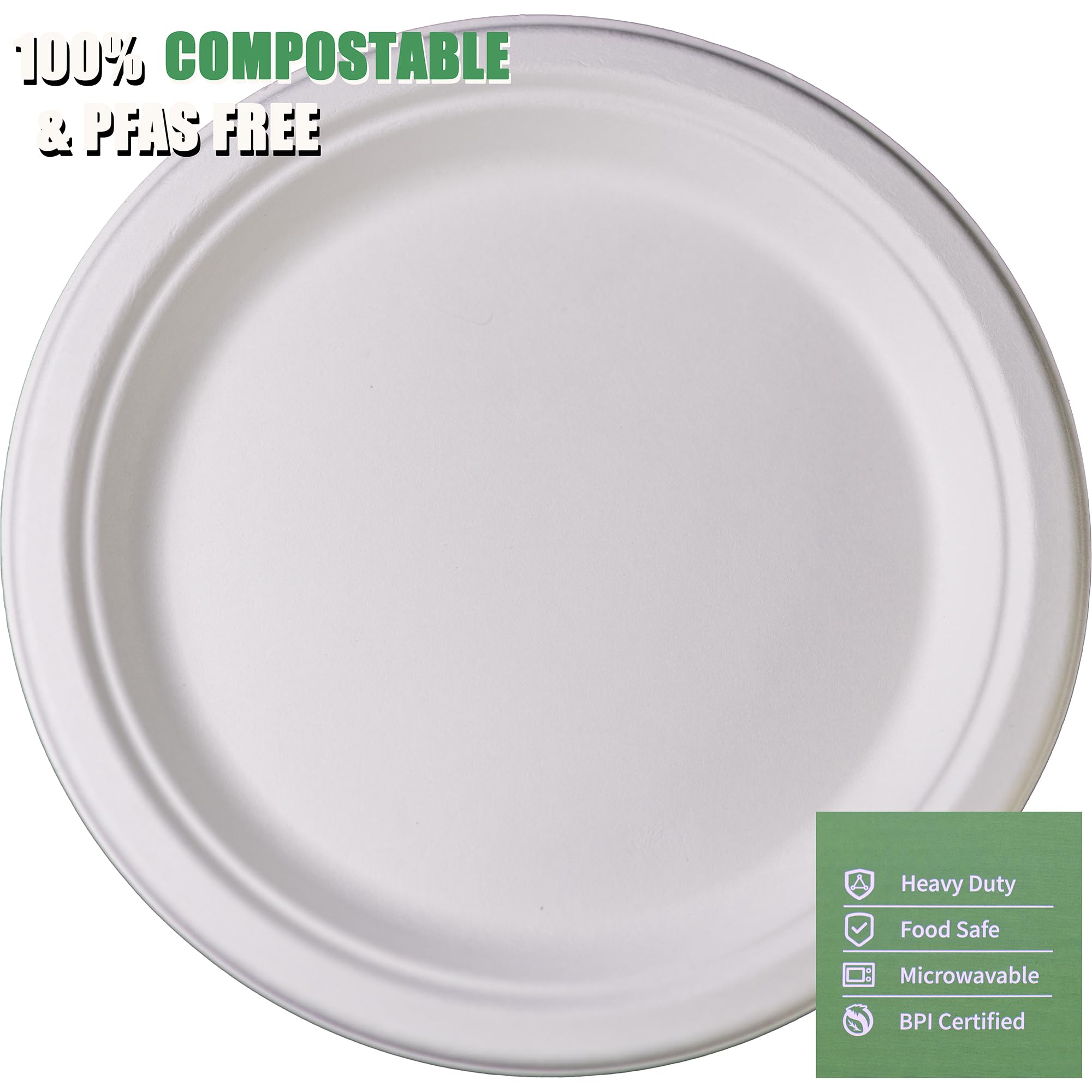Greensoil Plato compostable de 9 pulgadas, paquete de 50 platos de papel gruesos, resistentes y duraderos, aptos para microondas y congelador, material biodegradable de caña de azúcar y bambú,