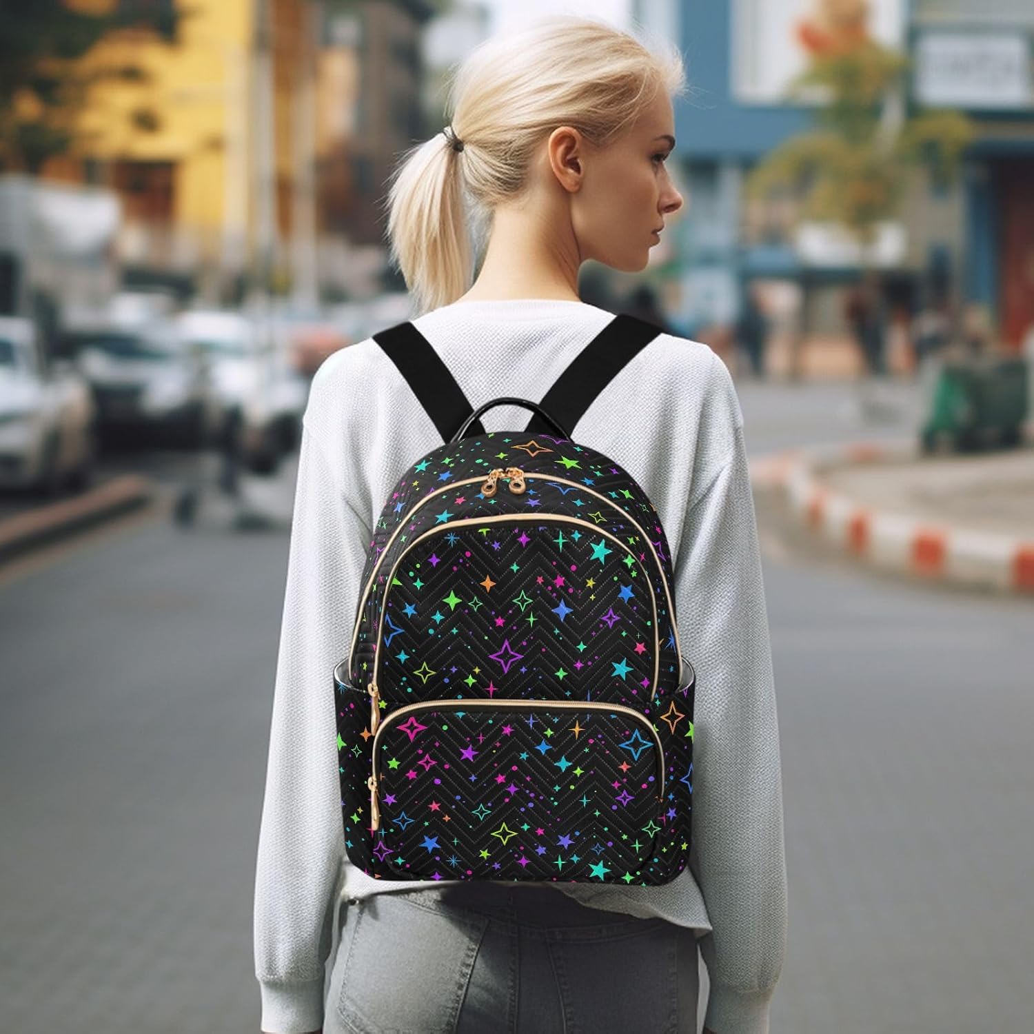 Neon Stars Women's Quilted Backpack Casual Lightweight Backpack Purse Ladies Fashion Travel Handbag Shoulder Bags S