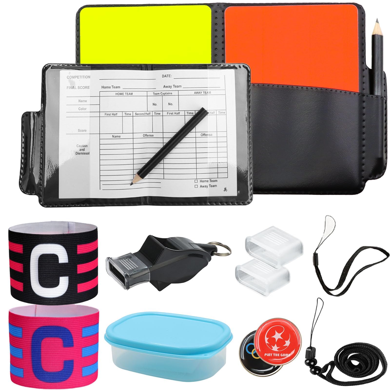 Kit de Tarjetas Árbitro Fútbol Rojas y Amarillas con Silbato Profesional, Papel, Lápiz, Brazalete de Capitán