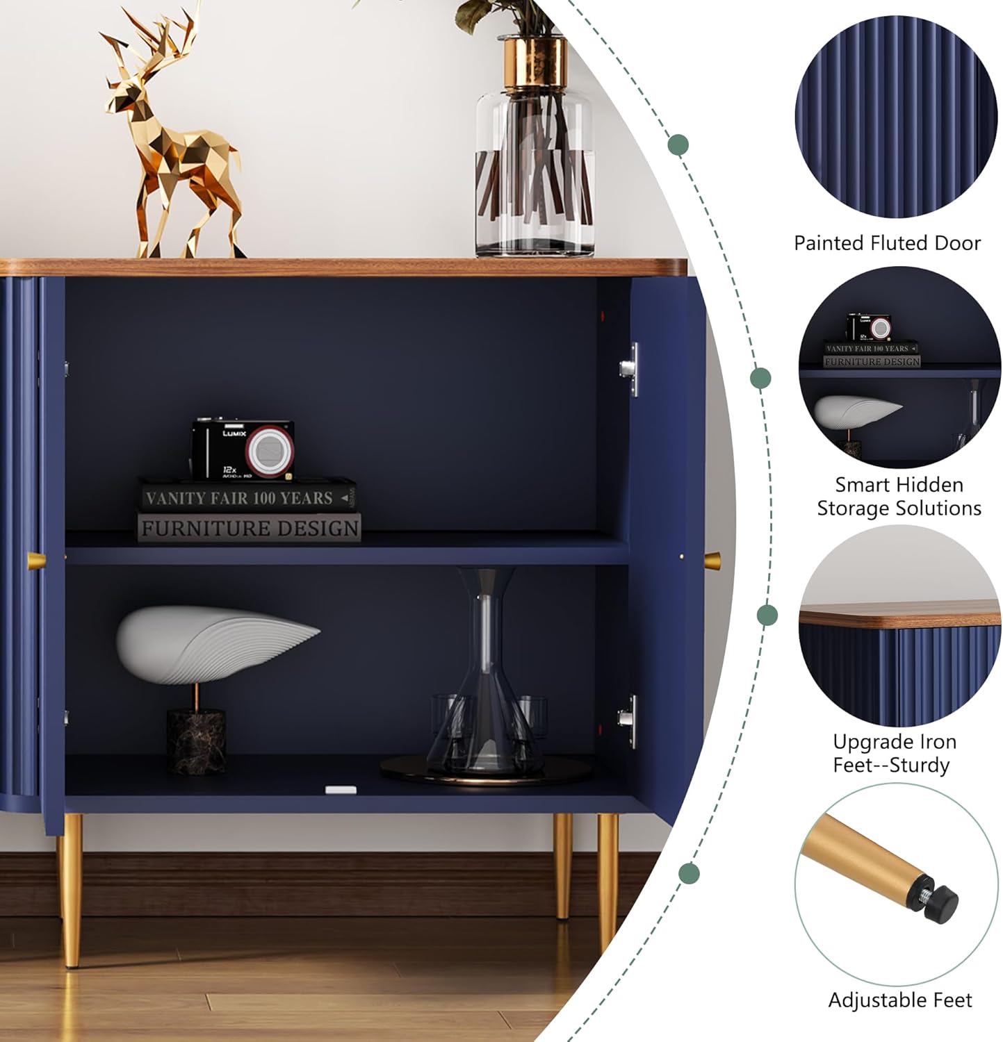 HLR Sideboard Buffet Cabinet with Fluted Texture, Blue Accent Cabinet with 2 Doors, Modern Credenza Storage for Kitchen Living Room, Entryway (Blue, 1 Piece)