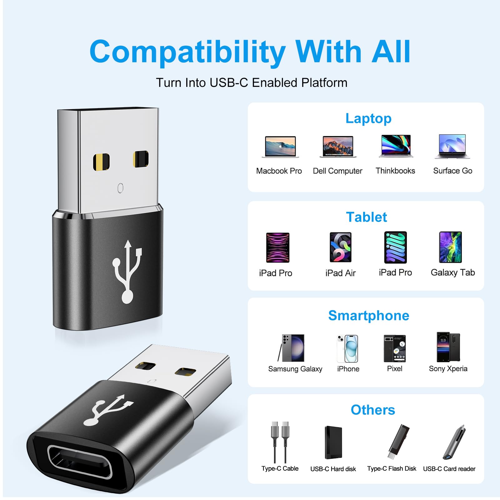 Adaptador USB a USB C, adaptador USB C a USB, adaptador USB C a USB A, adaptador USB a C, adaptador USB-C a USB, adaptador USB a USB C para iPhone, MacBook Pro, iPad, iMac y más (20, negro)