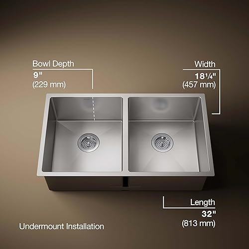 Miniatura 3 de KOHLER K-5281-NA Strive - Fregadero de cocina doble igual de montaje inferior, 32 x 18-14 x 9-516 pulgadas, acero inoxidable, paquete de 1