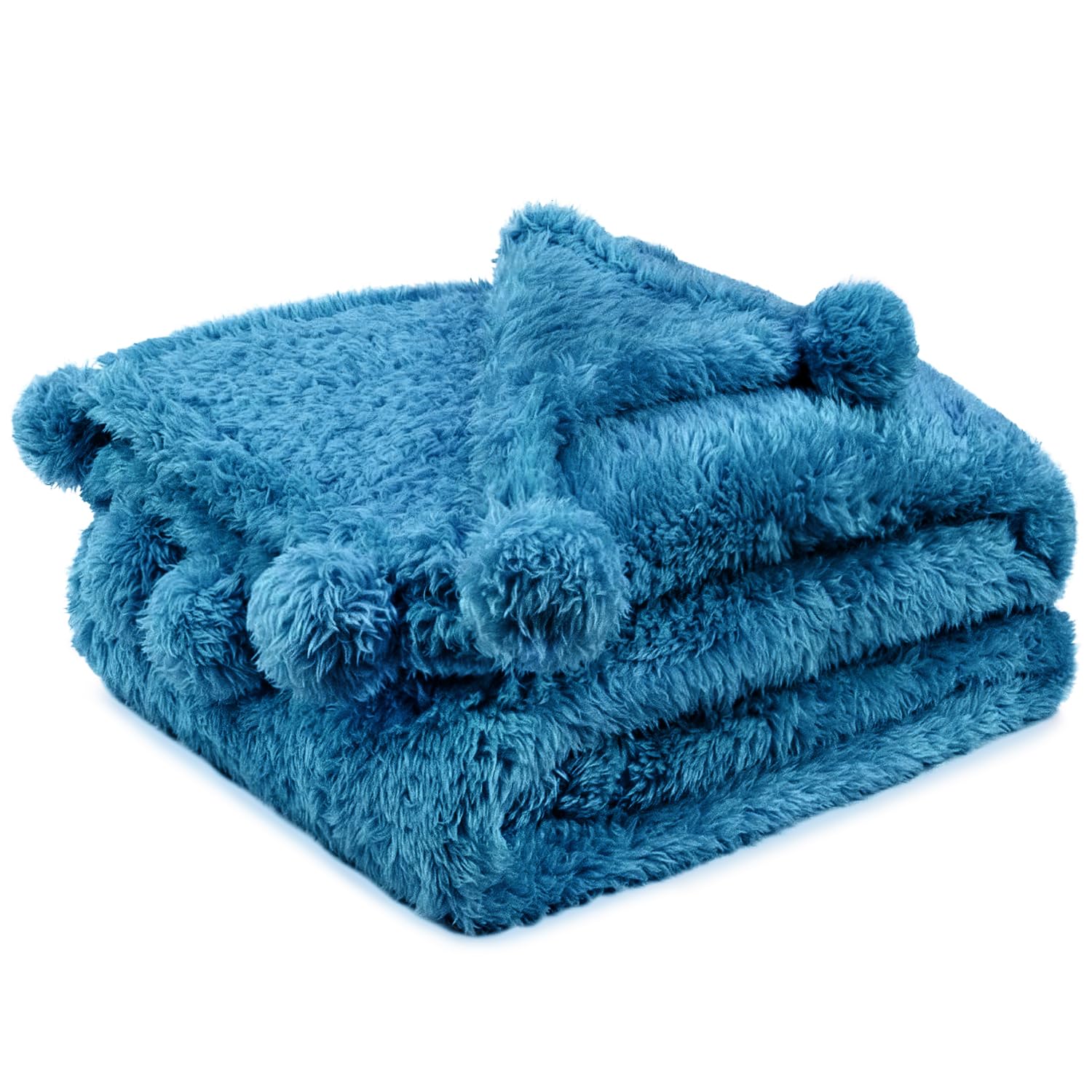 Pavilia Men's Teal Blue Teal Sherpa Throw Blanket For Couch, Warm Plush Pom Pom Blanket Twin, Fuzzy Sofa Throw For Bed, Lightweight Soft Cozy Fluffy Blanket With Pom Poms, Turquoise, 60X80