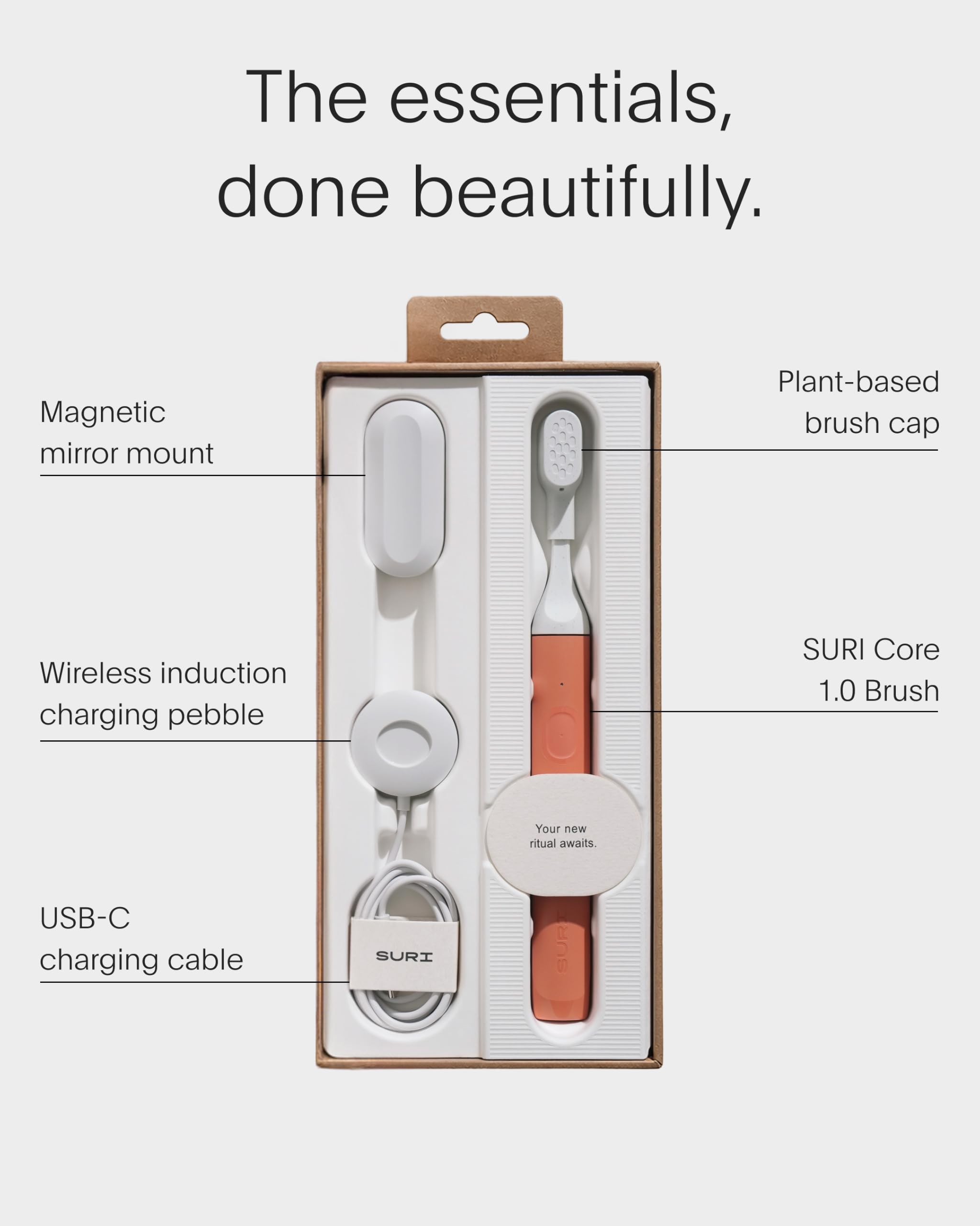 SURI Brosse à dents électrique Core Sonic | Jusqu'à 4 semaines de batterie | Couvercle de tête de voyage | Capteur de pression | Corps bio-basé* | Minuterie de 2 minutes | Tête à base de plantes