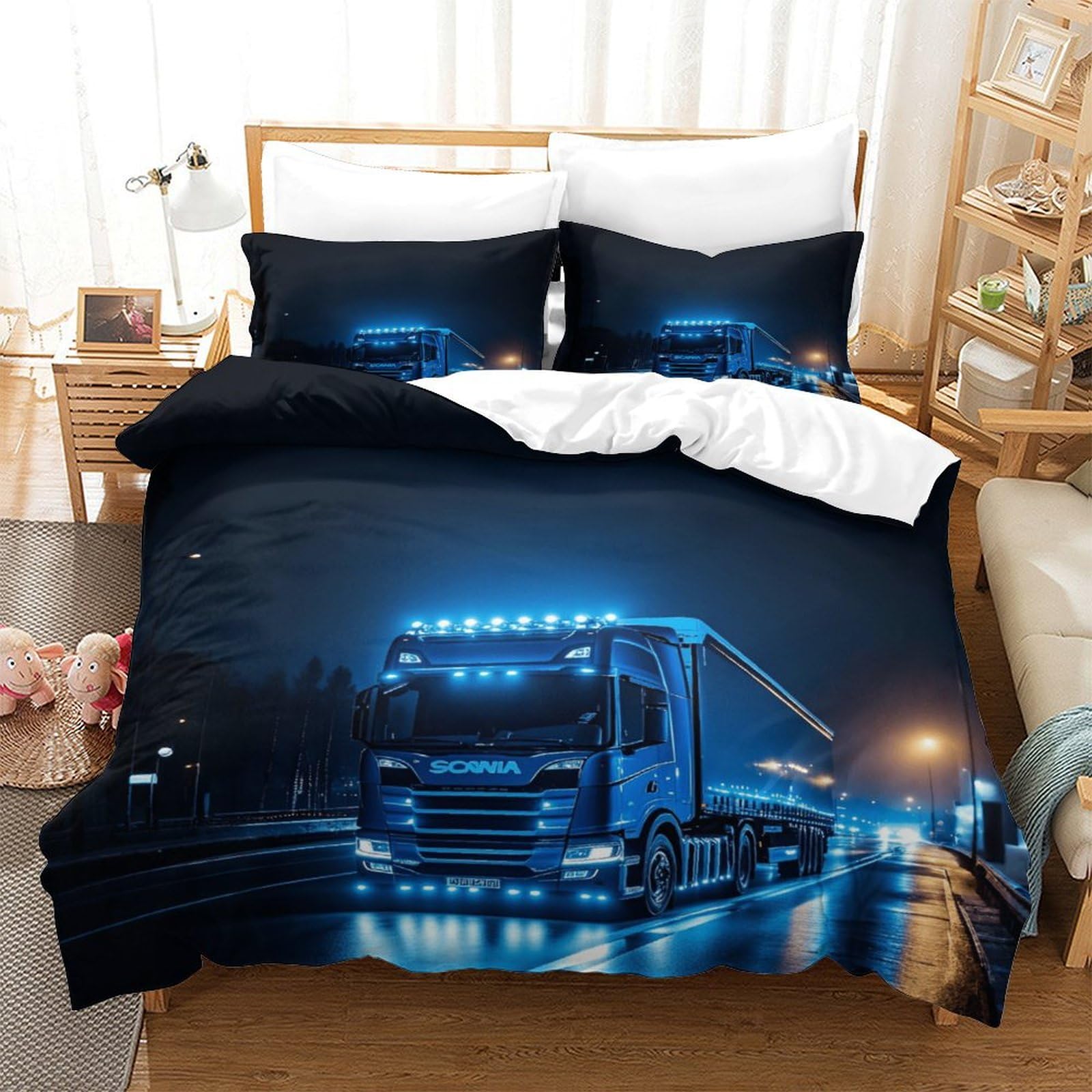 XiaopangXY Lorry Luxe Duvet Cover Set Hidden Zipper Truck Quilt Cover Set with Pillowcases Bedding Set Soft Microfiber Comforter Cover for Kids & Adults King（220x240cm）