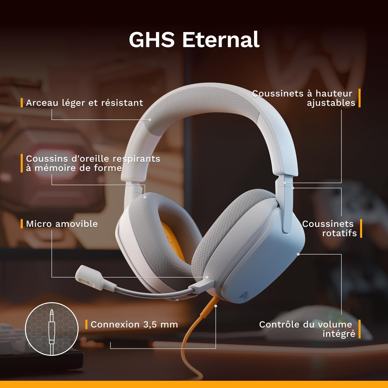 GLORIOUS GHS Eternal - Casque Gaming stéréo pour PC, PS5, PS4, Xbox, Switch. Transducteurs inclinés sur mesures, Micro détachable 3,5 mm Haute-clarté Ajustable. Résistant, Confort Longue durée. Blanc