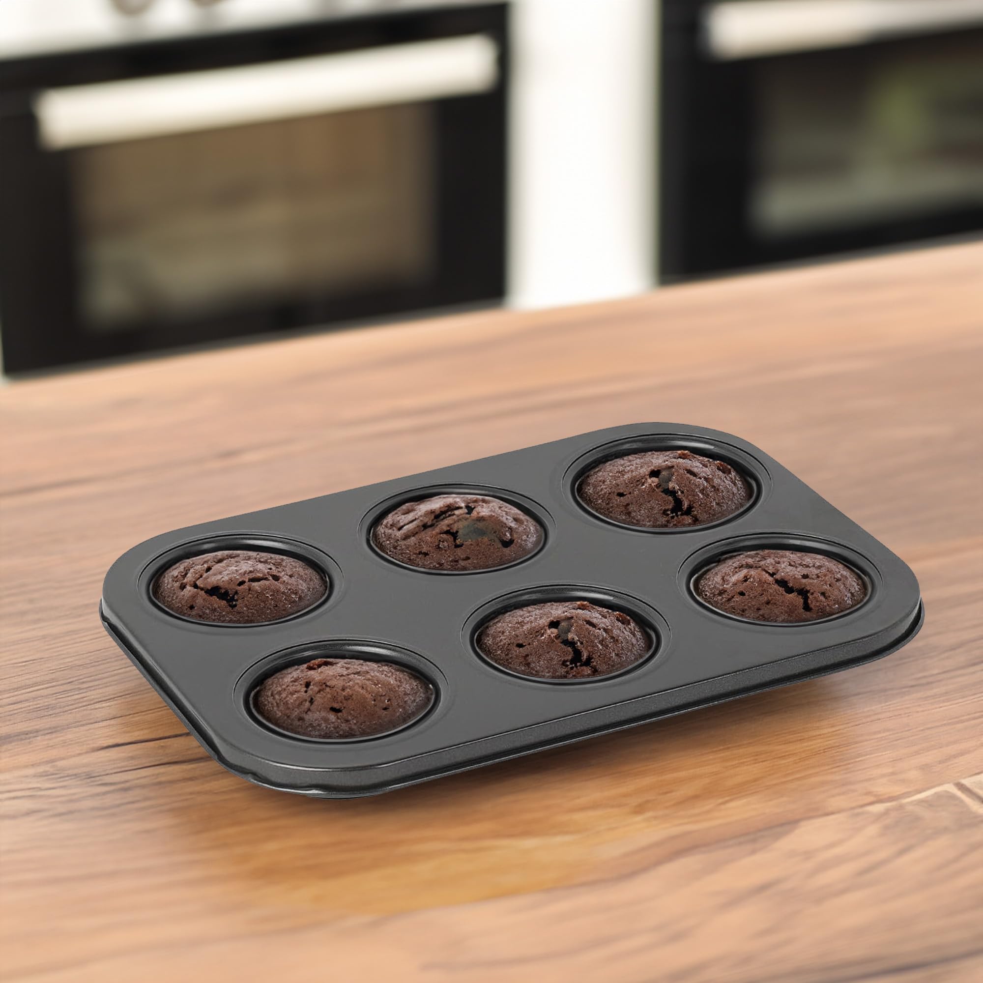 10Club Baking Tray for Microwave Oven - 6 Cup Non-Stick Cupcake Mould, Carbon Steel for Muffin, OTG Safe, BPA & PFOA Free, Dishwasher Safe Bakeware, Black