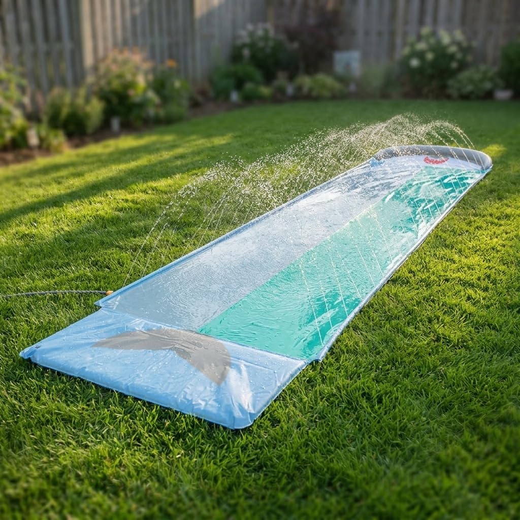 Aufblasbare Wasserrutsche für Kinder, Doppel Wasserrutschmatte mit Sprinkler, 550 cm PVC Garten Wasserspielzeug