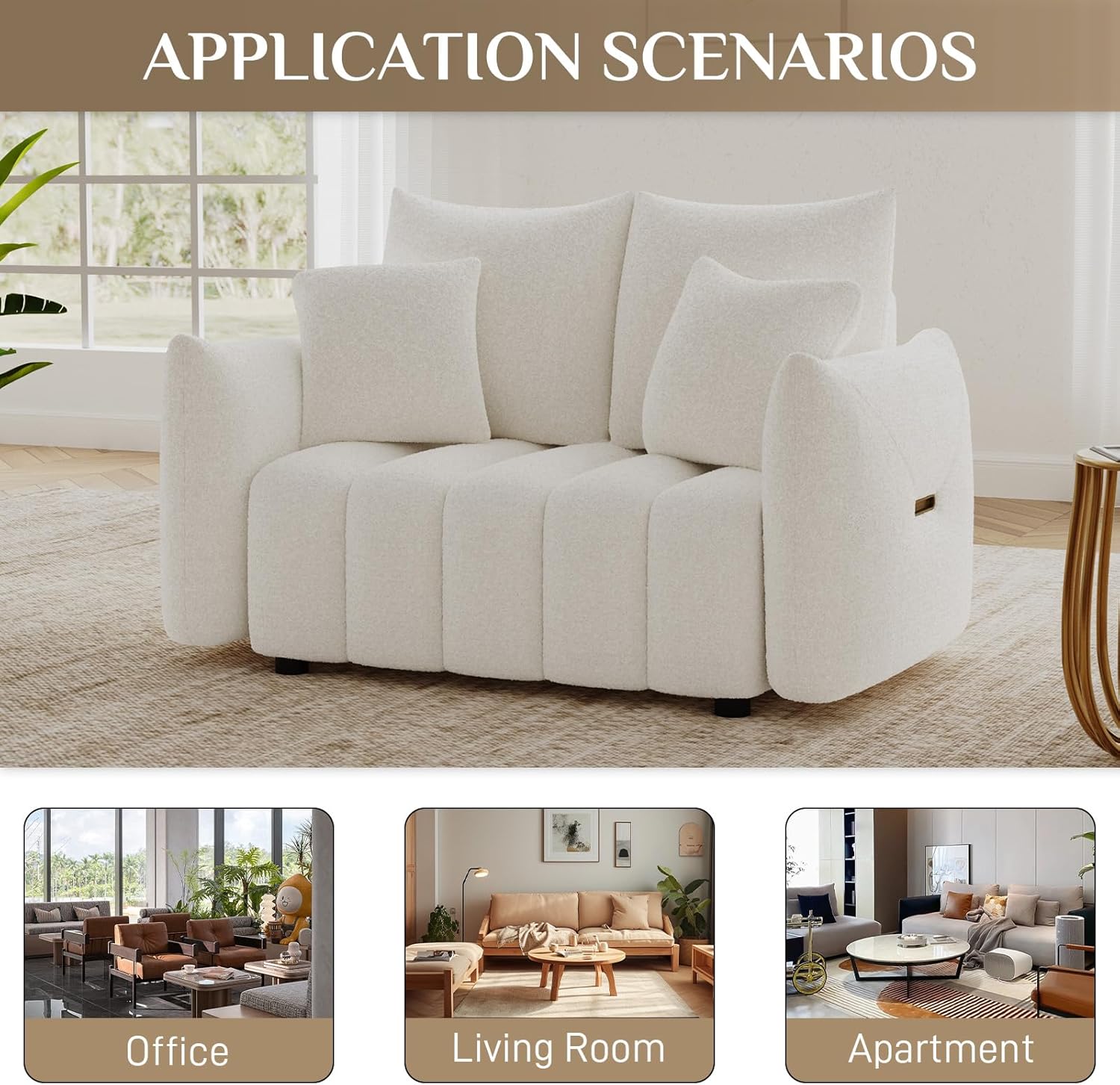 OUYESSIR 56" Modern Sofa Couch, Comfy Deep Seat Teddy Cloud Sofa, Upholstered 2-Seater Boucle Couch, Oversized Loveseat for Living Room, Bedroom, Office, Apartment, Beige White
