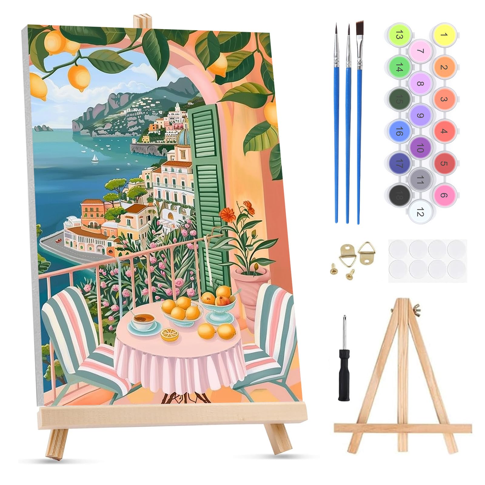 QENSPE Paint by Numbers for Adults on Framed Canvas - with Wooden Easel, Coast Painting by Number Kit for Beginners, DIY Restaurant Acrylic Oil Painting for Home Wall Decor 8x12 Inch