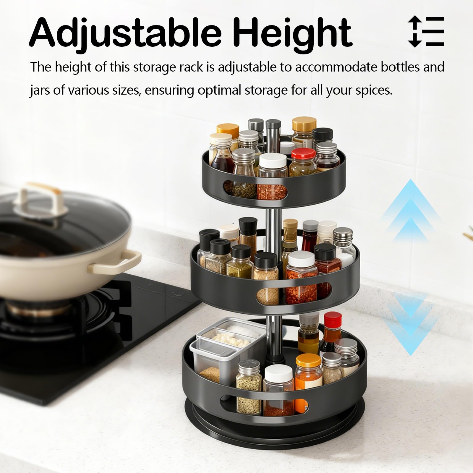 Portaspezie Girevole a 3 Livelli, Organizzatore Spezie in Metallo Lazy Susan per Armadietti, Porta Spezie Girevole per Cucina, Organizer Regolabile in Altezza per Cosmetici Bagno