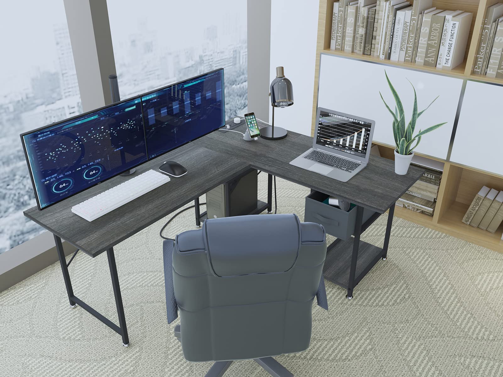 Amazon | SZXKT 56インチ L型デスク 電源コンセント付き ゲーム