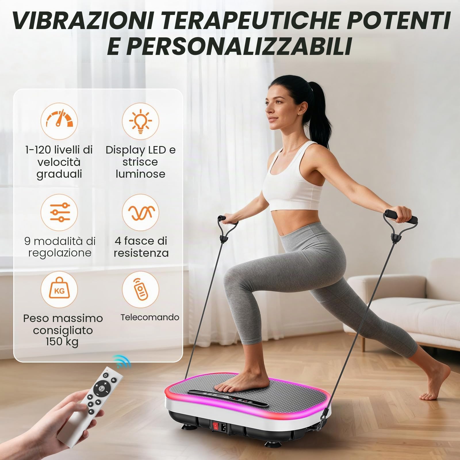 Pedana Vibrante, Pedana Vibrante Dimagrante con Banda di Resistenza, 9 Modalità Regolabili, 1-120 Livelli Di Intensità, Supporto Bluetooth, Telecomando, Schermo LED, Capacità di Carico 150KG
