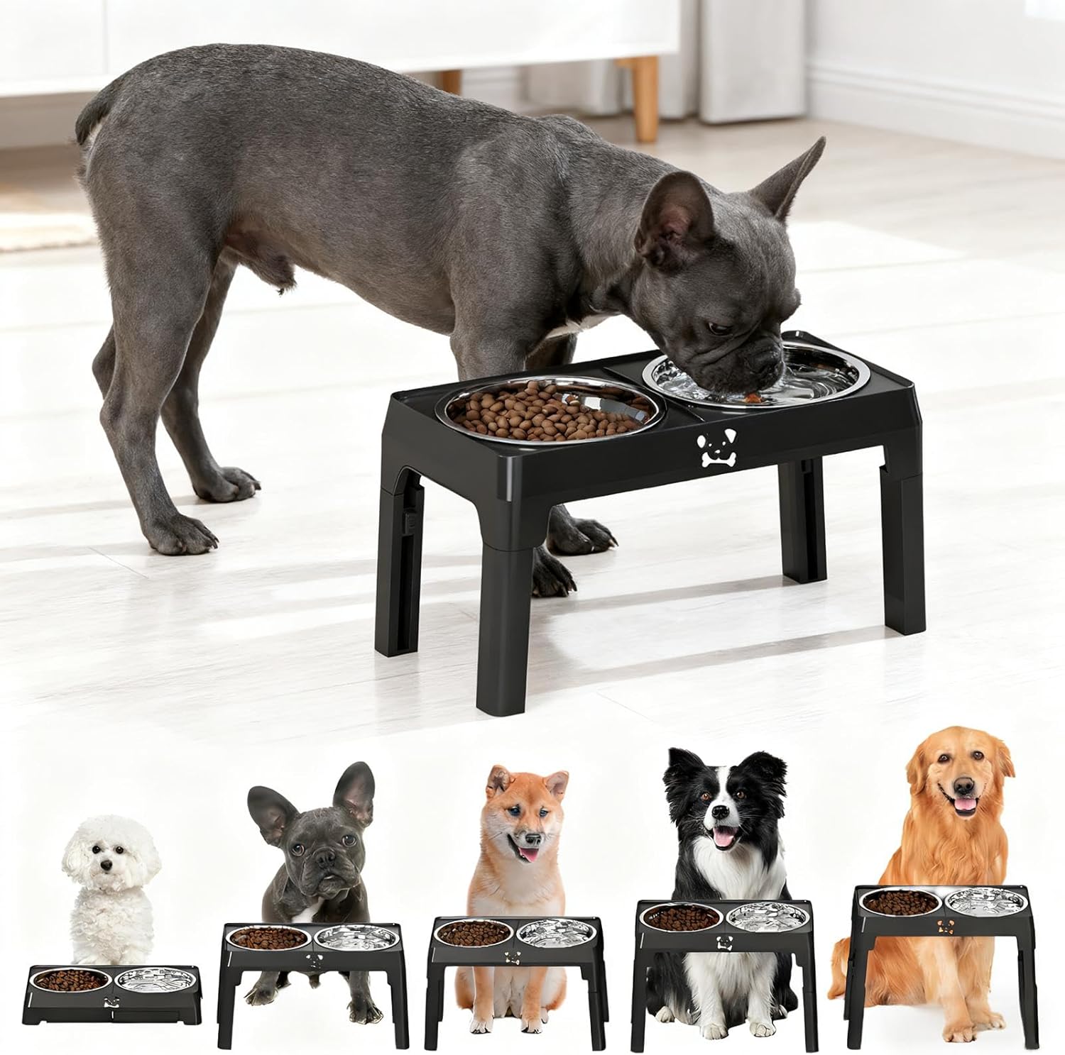 Elevated Dog Bowls Stand 5 Height Adjustable, Raised Dog Feeder with 2 Thick 50oz Stainless Steel Bowls, Non-Slip Pet Food Station for Medium & Large Breeds (Black)