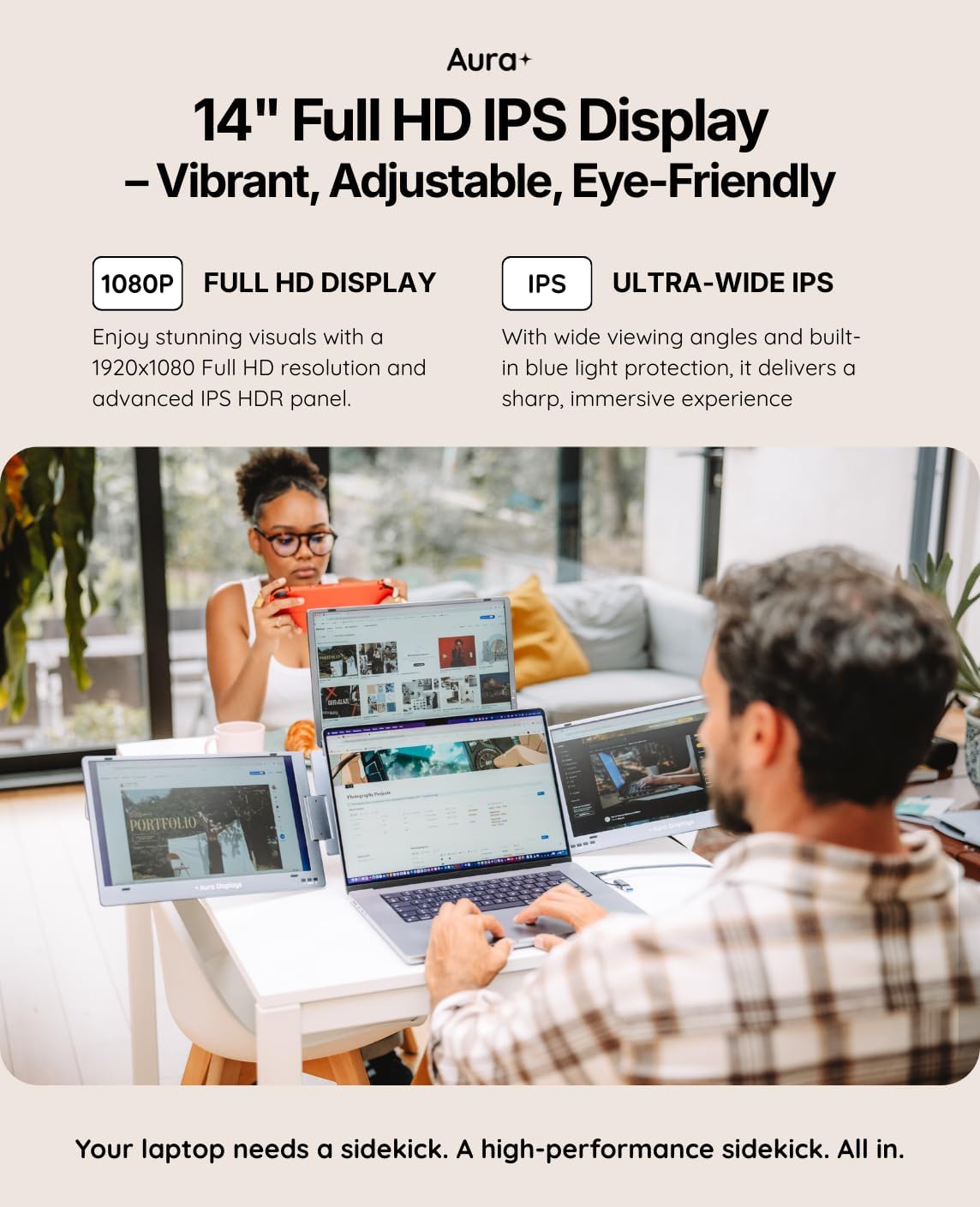 Triple Boost 14” Pro | Premium Triple Portable Monitor Extender | Full Aluminum | Quad Screens | 3×14” FHD 1080P HDR IPS | USB-C & HDMI | Compatible with 11”-18” Laptops