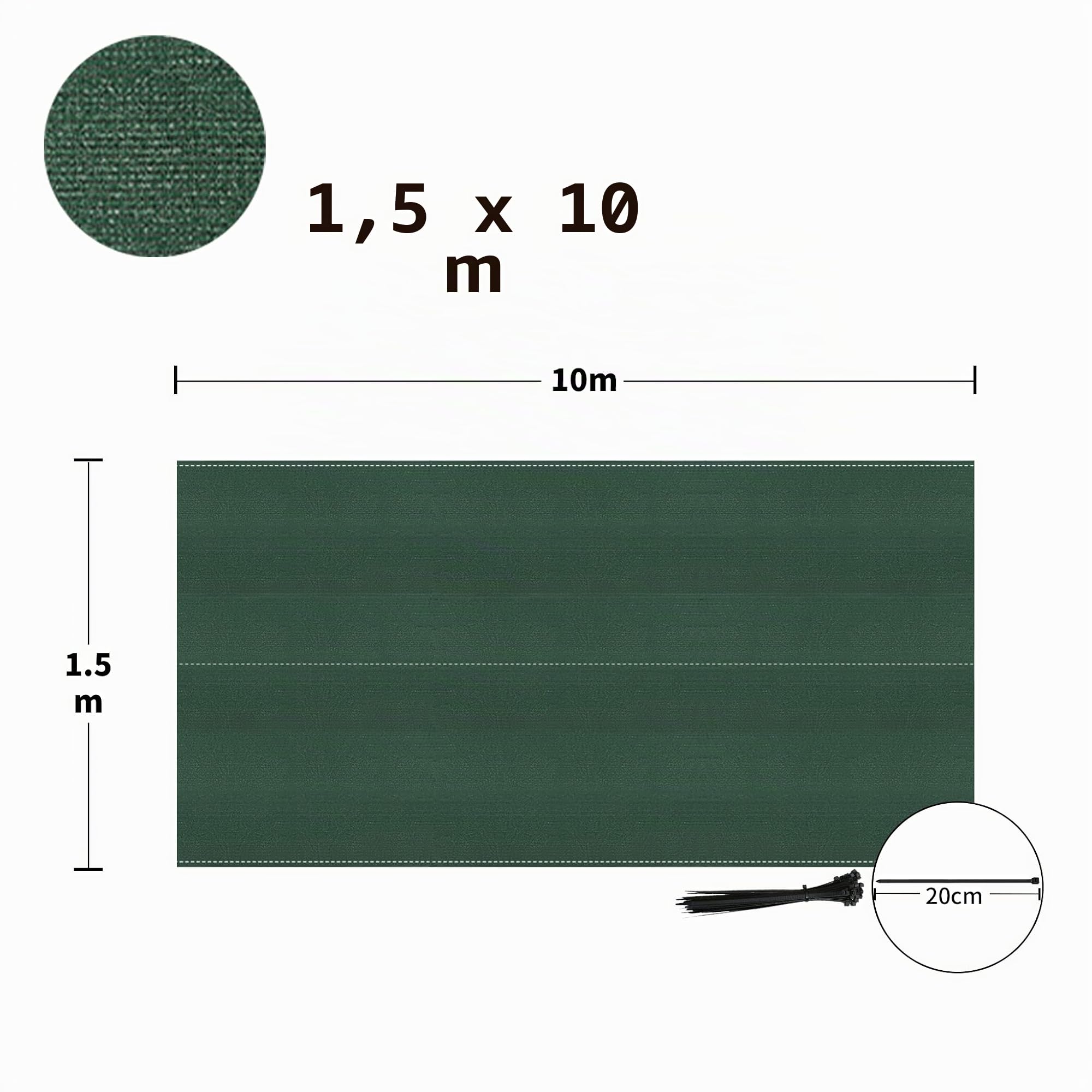 UISEBRT Pannello di Recinzione Protezione Privacy Tessuto HDPE 150 g/m² Antivento Pannello Tennis con Fascette per Giardino, Campo Sportivo, Recinzione a Catena (1.5x10m, Verde)