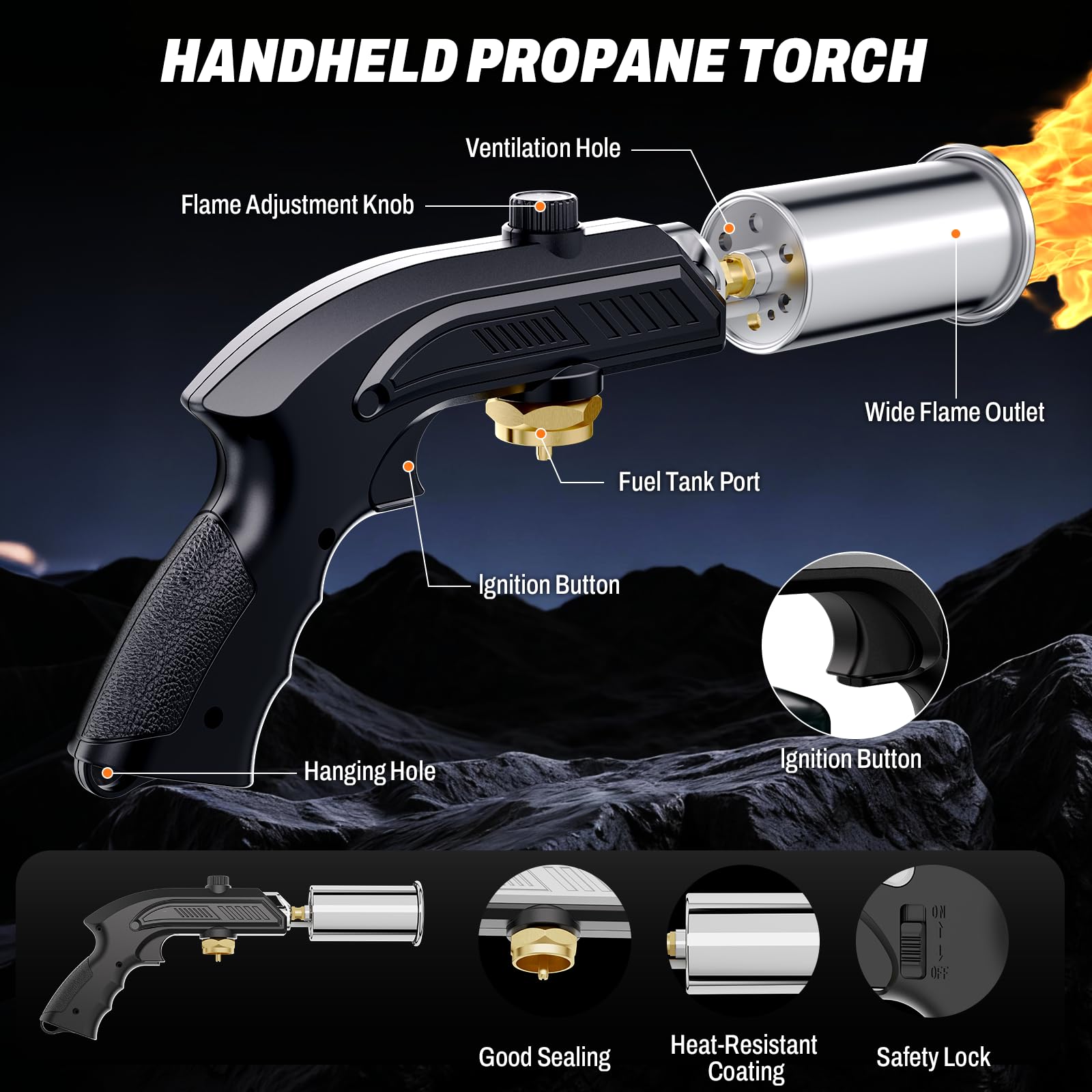 Linterna de propano, linterna de cocina, encendedor, bloqueo de seguridad y lanzallamas ajustable, cabezal de antorcha de cocina para parrilla, Sous Vide, barbacoa (tanque no incluido) (negro)