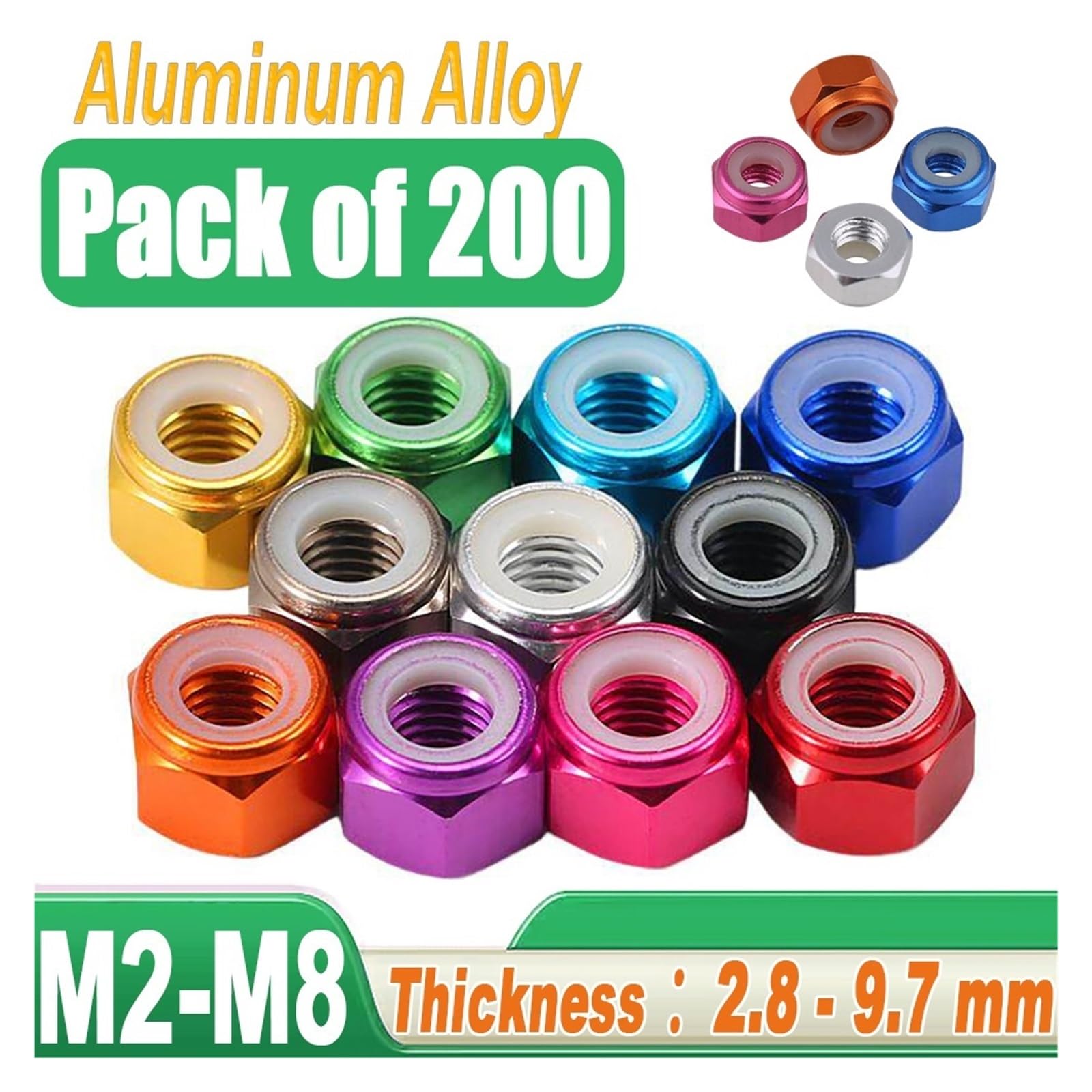 Tuerca Autoblocante Tuercas autoblocantes para Tornillos | 200 Uds M2 M2.5 M3 M4 M5 M6 M8 tuerca de bloqueo de inserción de nailon hexagonal de aluminio(Golden,M2 (200pcs))