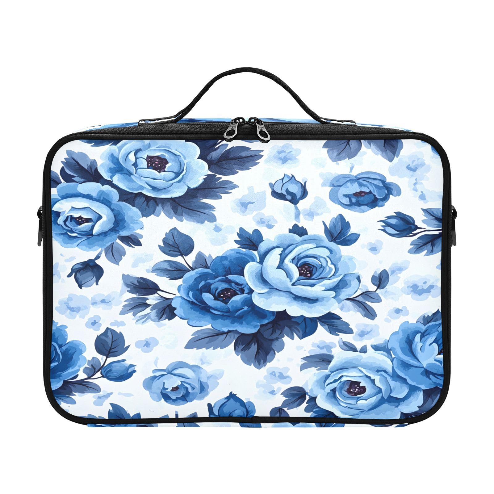 zyrtty Travel Makeup Train Case Blue Flower Patternrose Cosmetic Organizer Portable Storage Bag with Adjustable Dividers for Cosmetics Brushes Toiletry Jewelry Digital Accessories