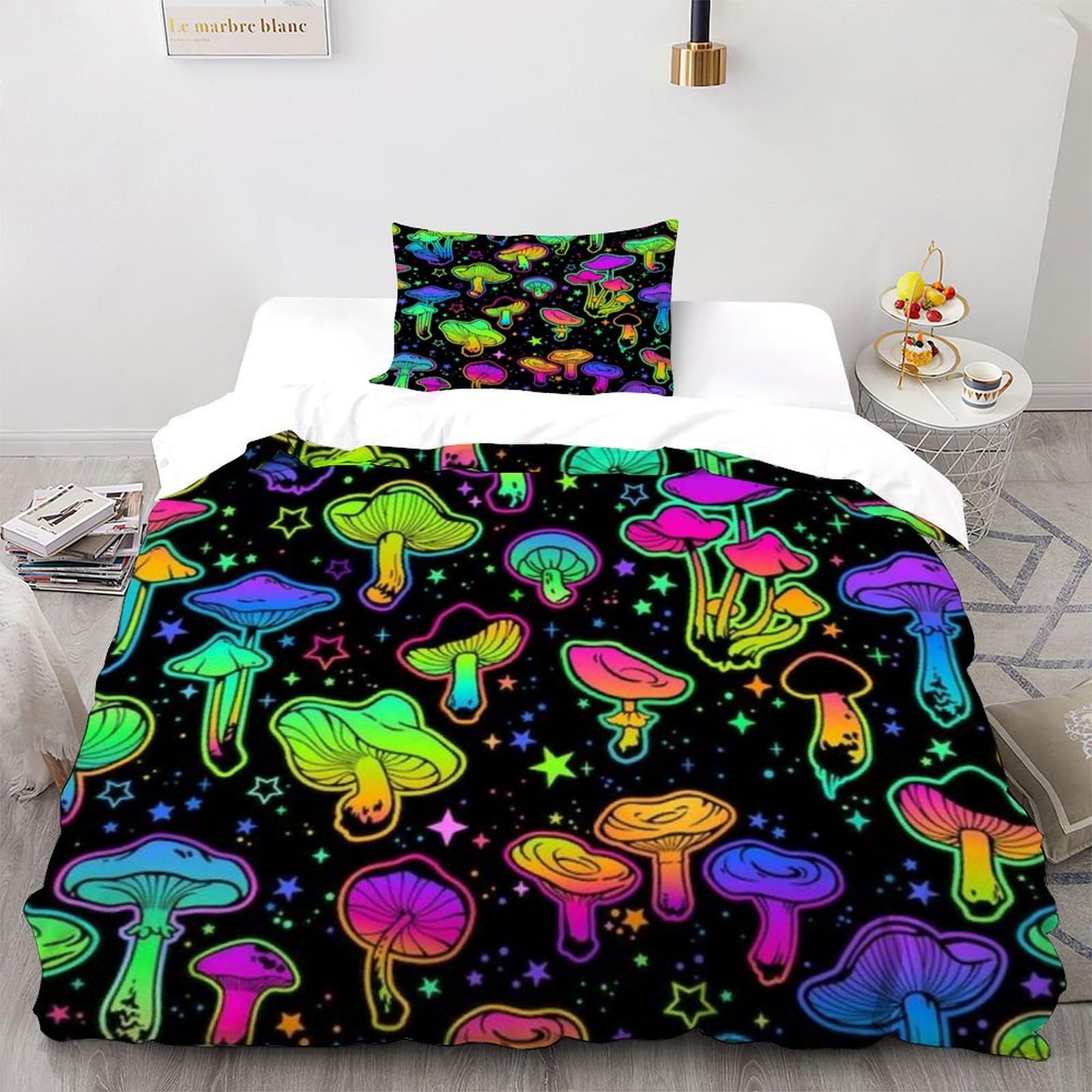 Housse de couette fermeture éclair finie la corvée du lit avec cette parure champignons 3D
