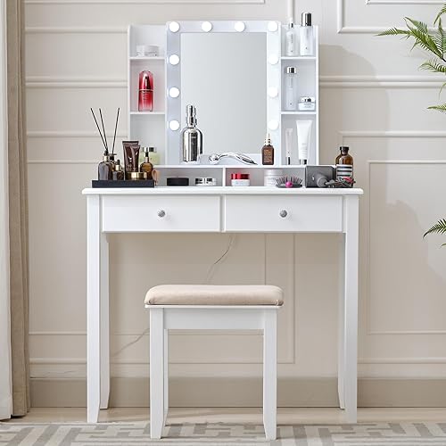 COVMAX Escritorio de tocador con espejo grande iluminado tocador de maquillaje moderno con 3 modos de iluminación de color 2 cajones grandes para