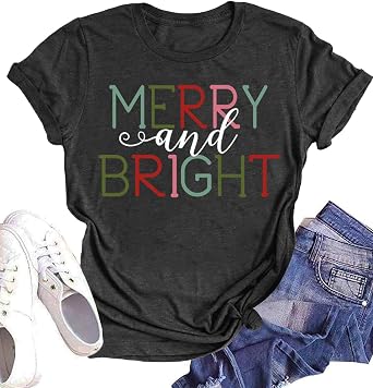 Woffccrd Womens Funny Christmas Shirts Merry and Bright T-Shirts Christmas Tree Shirts Merry Christmas Graphic Tee Tops