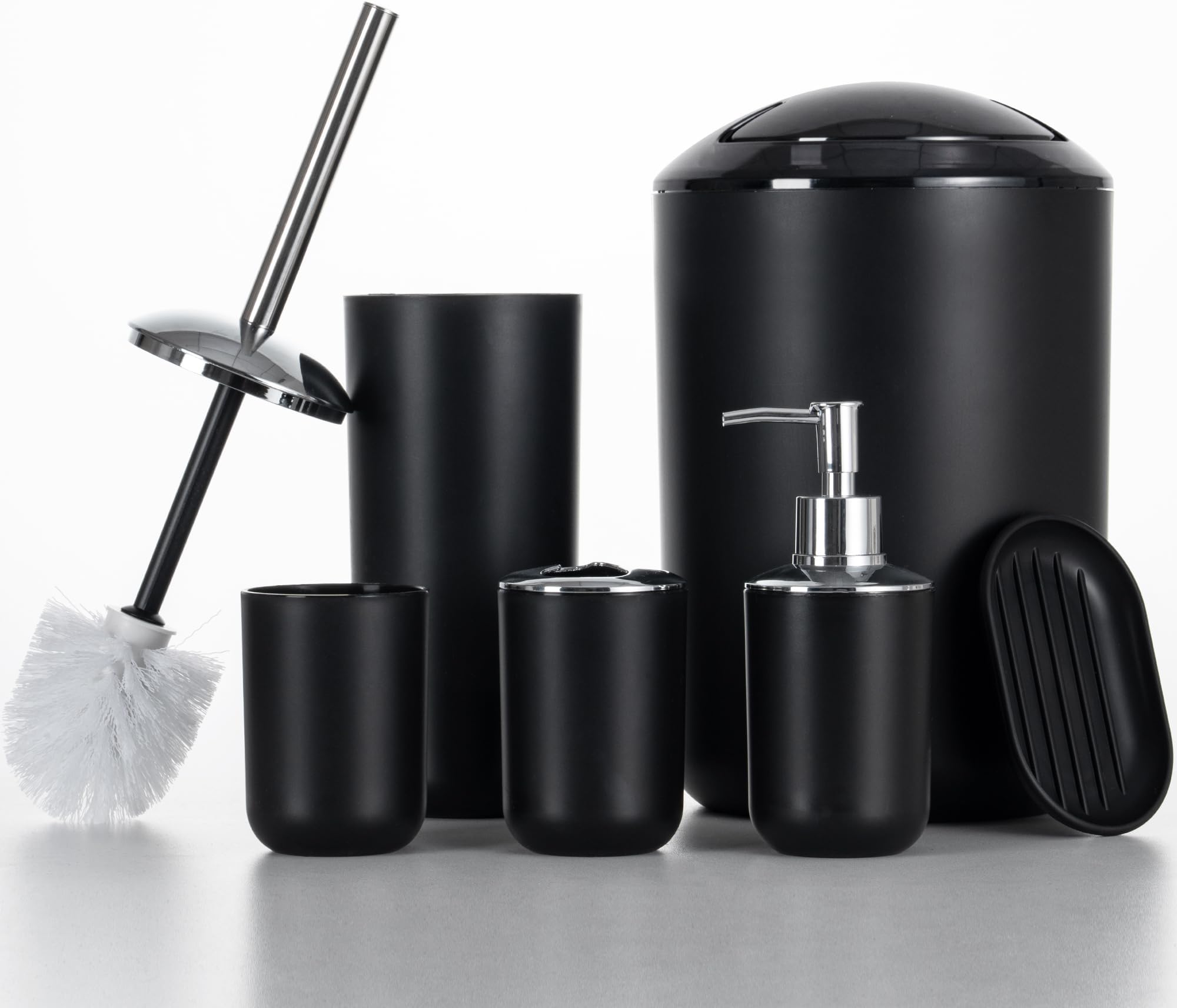 Fun Memories Bathroom Accessories Set 6 Piece Bath Ensemble Includes Toothbrush Holder, Soap Dispenser for Decorative Countertop and Housewarming Gift, Modern Black