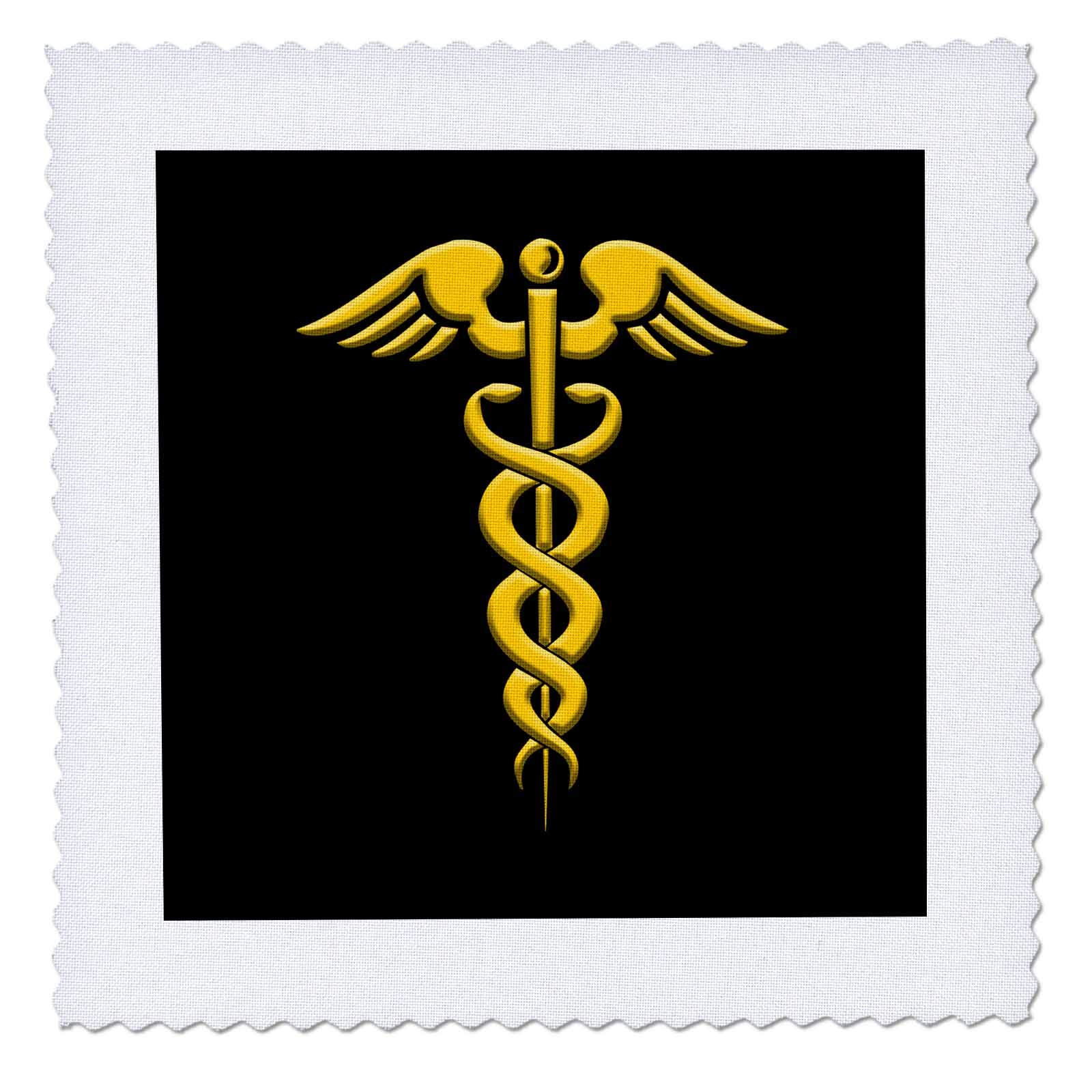 3dRose 6x6 inch Quilt Square, Image of a Medical Symbol Caduceus. Yellow on blac