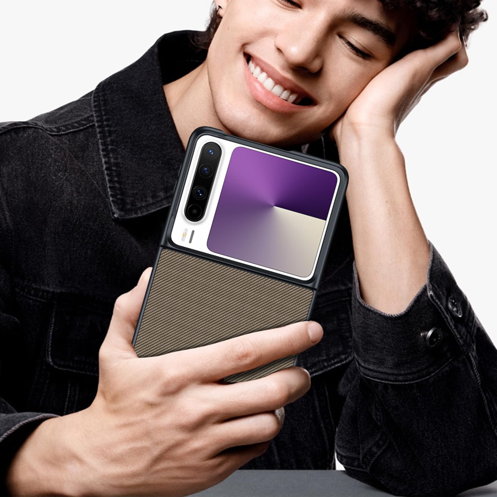 Ultra Mince Coque pour Huawei Pura X, Fibre de Carbone Texture Cuir Etui Luxe Léger Anti-Empreinte Housse,d'or,Pura X