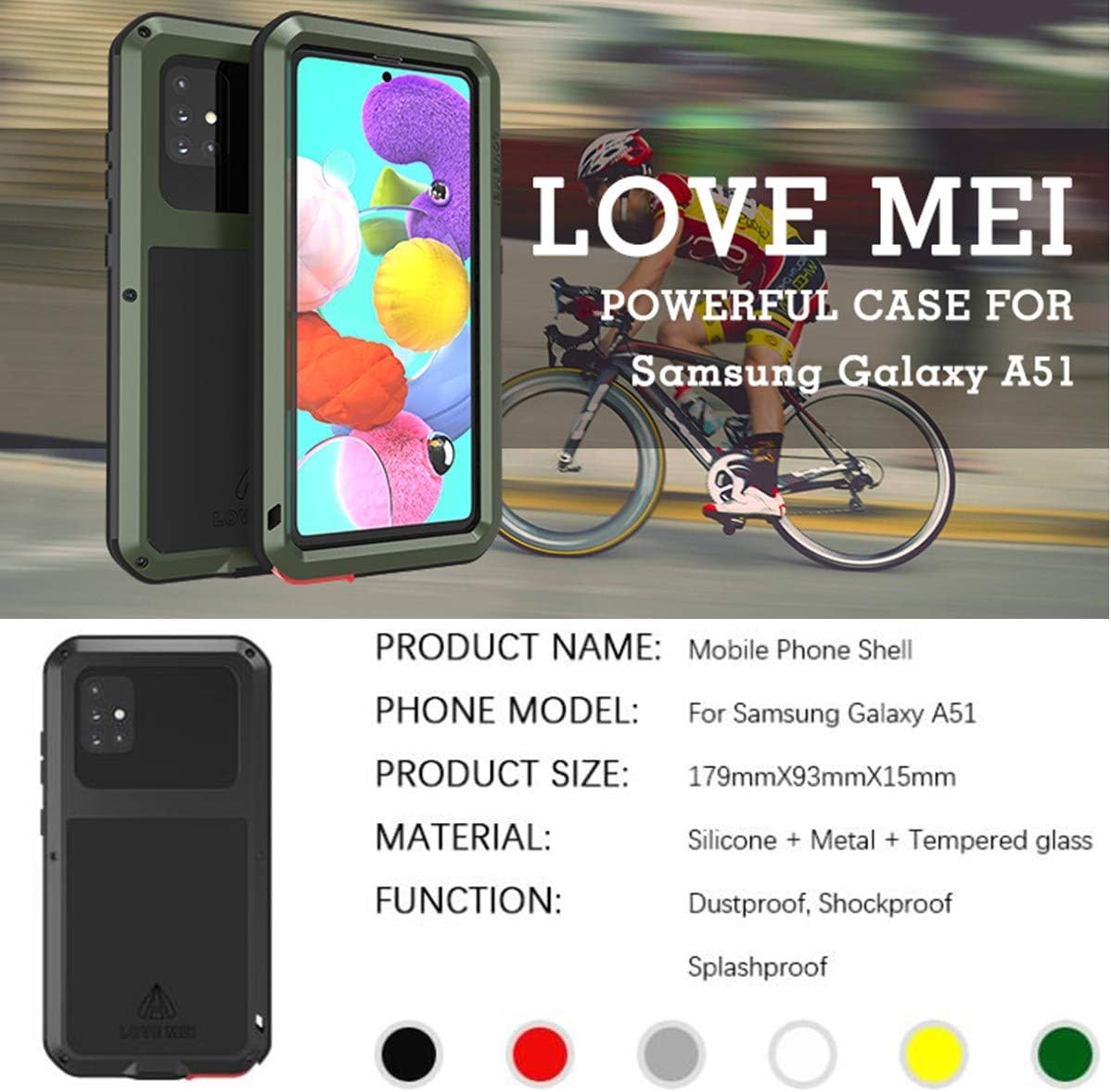 LOVE MEI Compatible with Samsung Galaxy A51 Case, Waterproof Military Heavy Duty Shockproof Dust/Dirt Proof Hybrid Aluminum Metal+Silicone+Tempered Glass Case Hard Cover (Green)