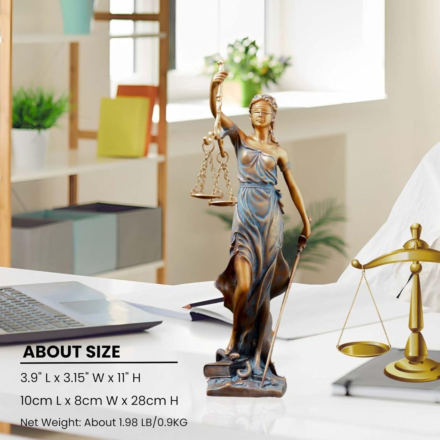 Lady Justice Statue Bronze, 11" Themis Goddess of Justice Figurine, Blind Lady Justice with Scales, Legal Office Decor for Desk, Bookshelf, Lawyer Gift