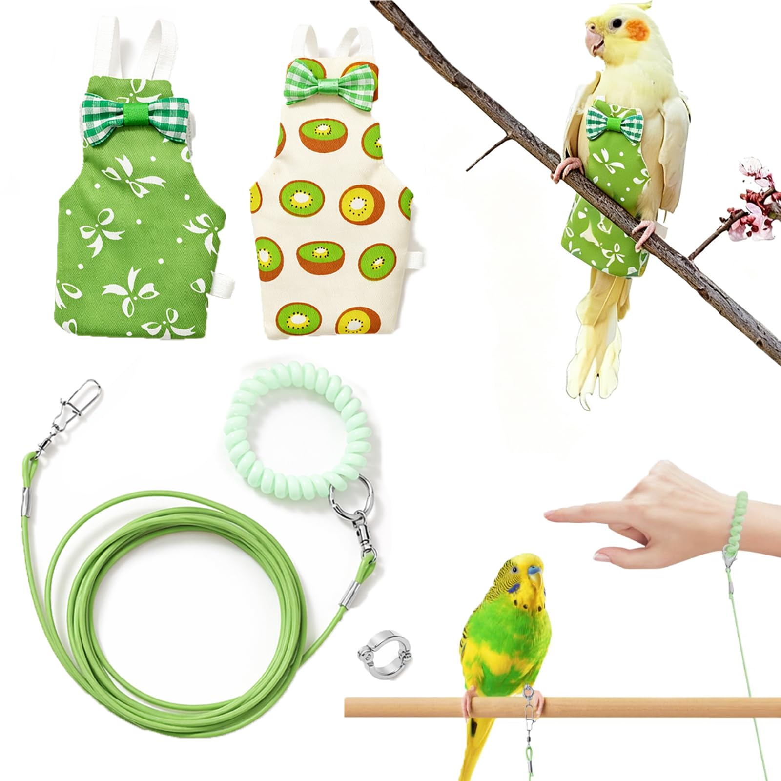 Parrot Diaper, Bird Harness and Diaper Set for Parrots, Comfortable Bird Clothes with 2 Metre Elastic Rope and Size Four Foot Rings, Large Green Butterfly and Kiwi Flight Suits-image-21