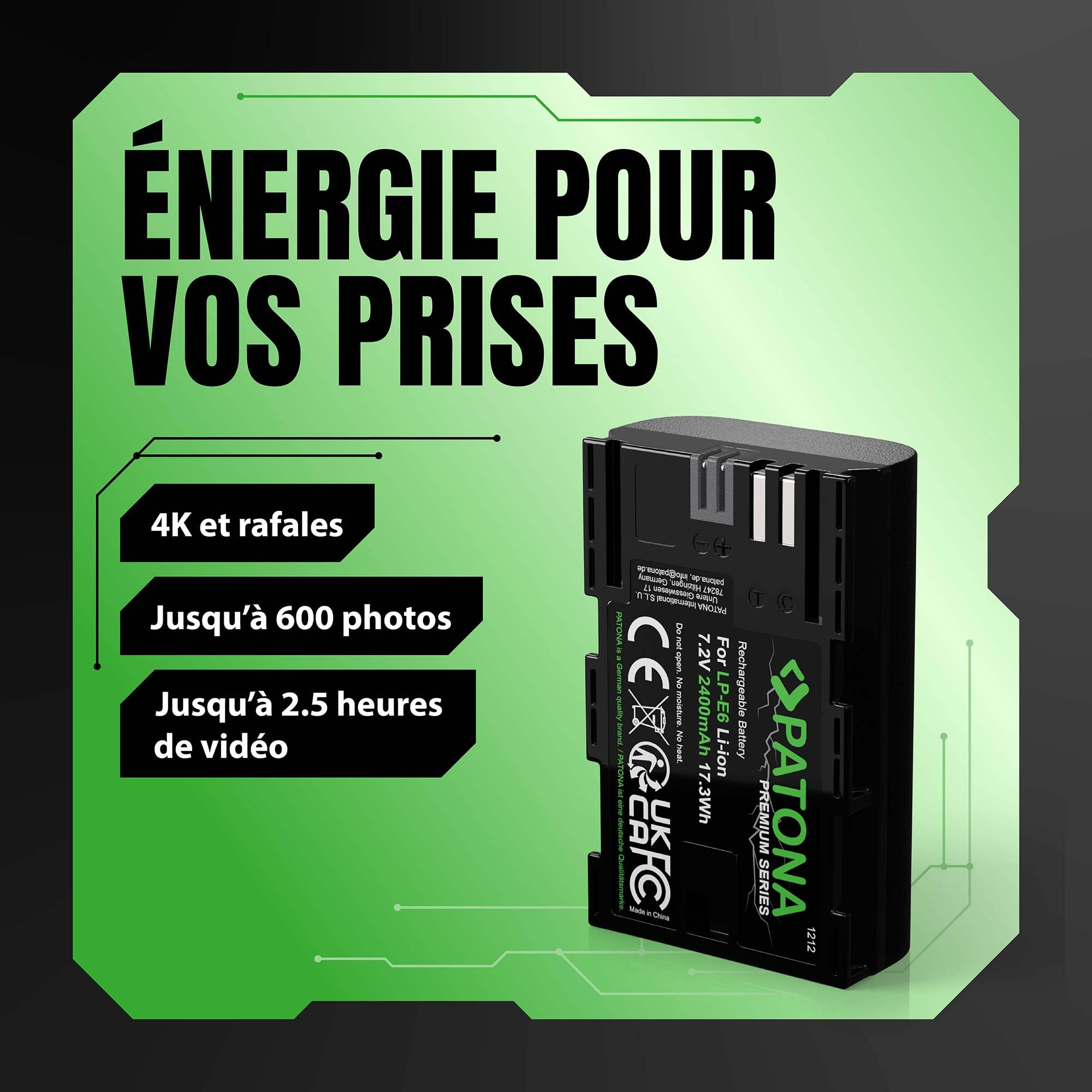 PATONA 2X Premium Batterie pour Canon LP-E6 LPE6 2400mAh | Batterie pour EOS 5D Mark II III IV 5DS R R5 6D 7D 60D 60Da 70D 80D 90D XC10 XC15 WFT-E5 E7, anti court-circuit