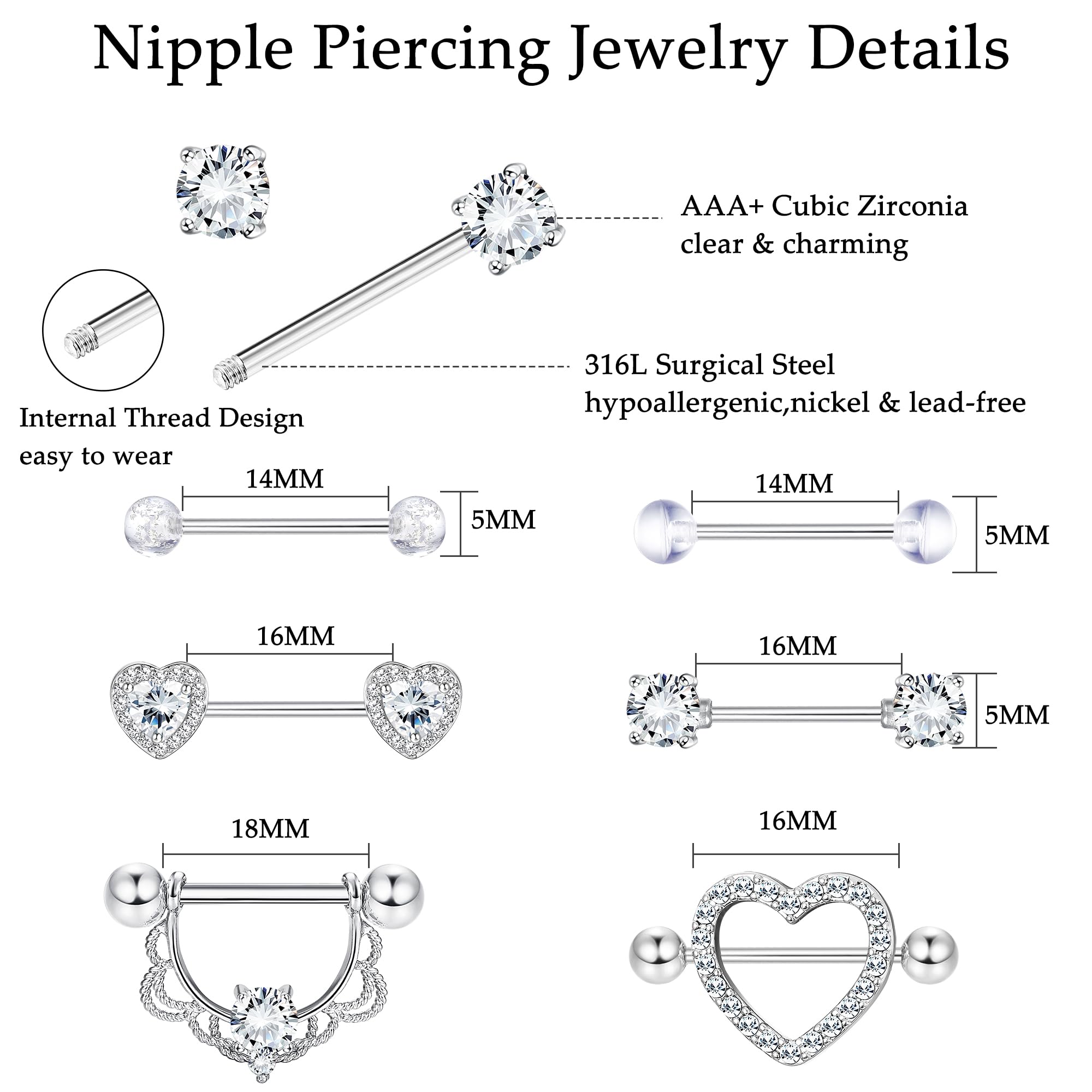 Diamday 6 Paare Nippelpiercing 316L Chirurgenstahl Brustwarzenpiercing 14G CZ Zungenpiercing Nipple Piercings für Damen Hypoallergen Herz Nipplerings Barbell Piercing Nipple Körperschmuck Set