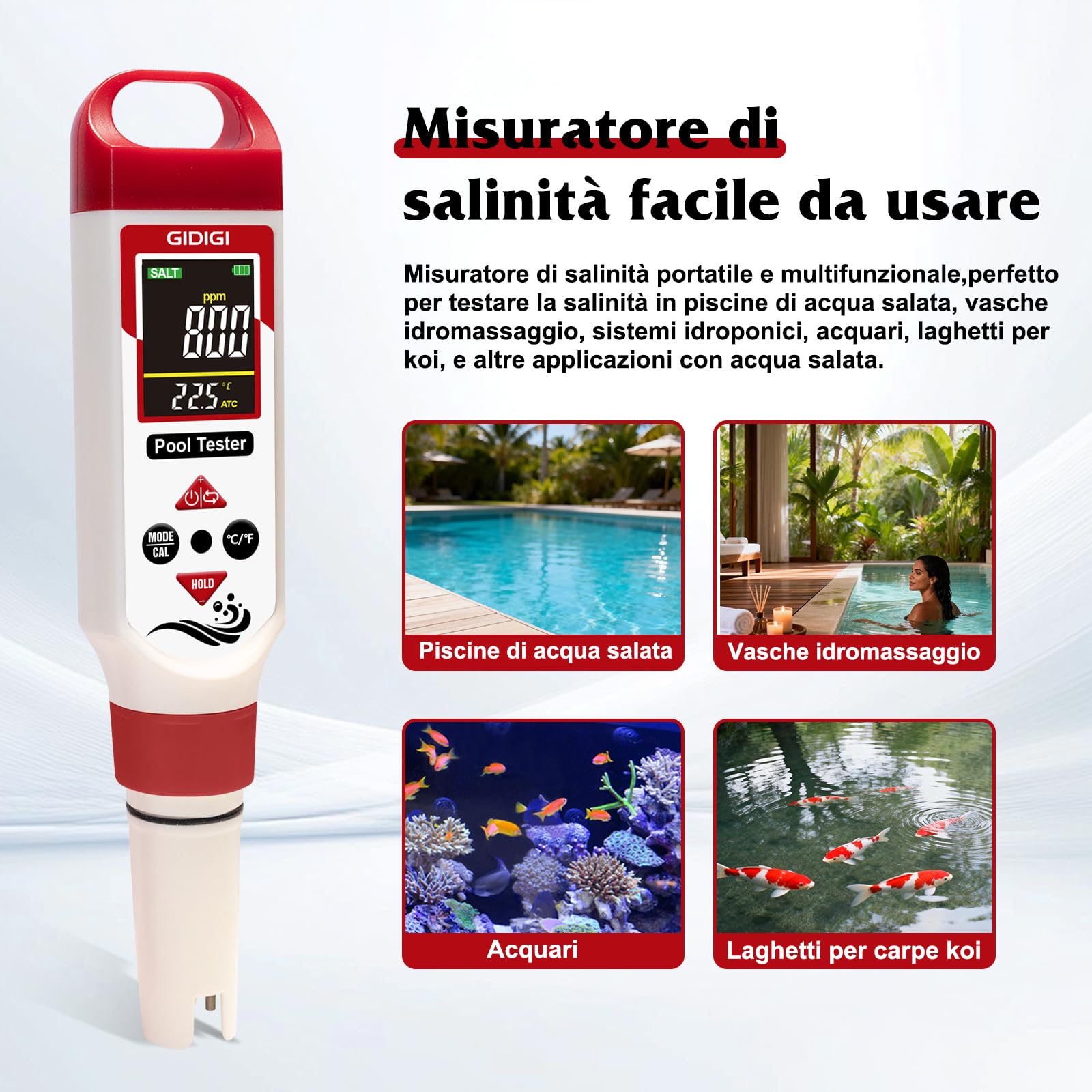 Misuratore di pH e cloro 7 in 1 per piscine,tester ORP salinità,test pH, CL,sale,ORP,EC,TDS e temperatura,per acquari,idroponica,acqua potabile e vasche idromassaggio,con liquidi calibrazione
