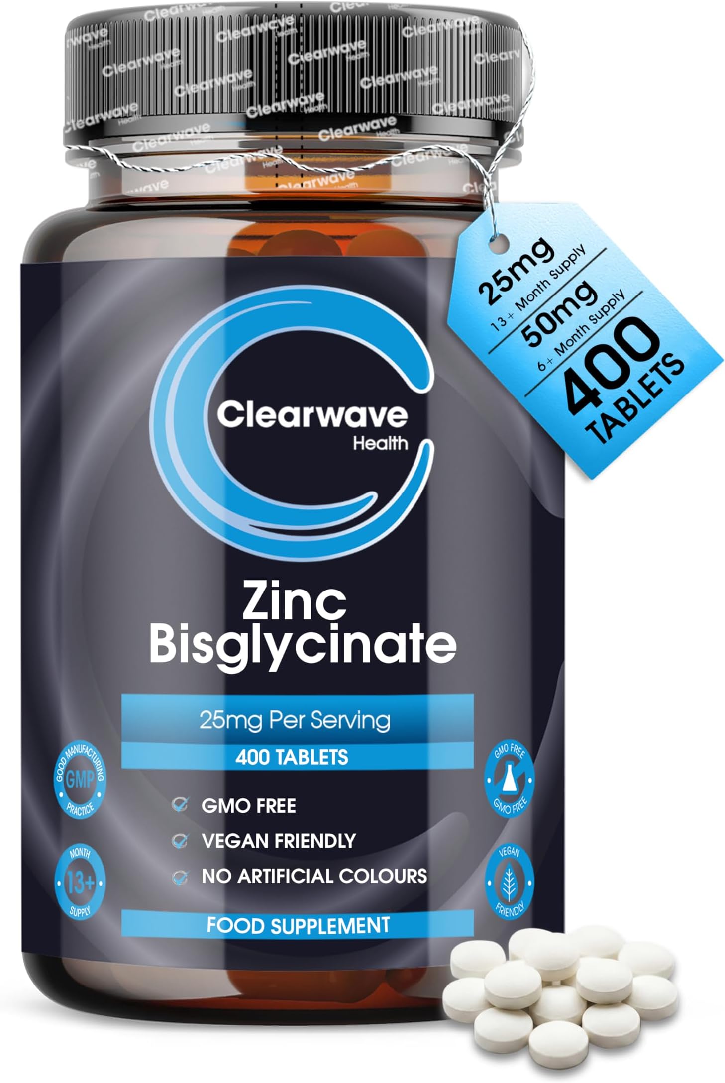 Zinc Tablets 50mg | in Bisglycinate | 400 Vegan Tablets | 6+ Months Supply | High Absorption | Zinc Supplements | for Men and Women | By Clearwave Health