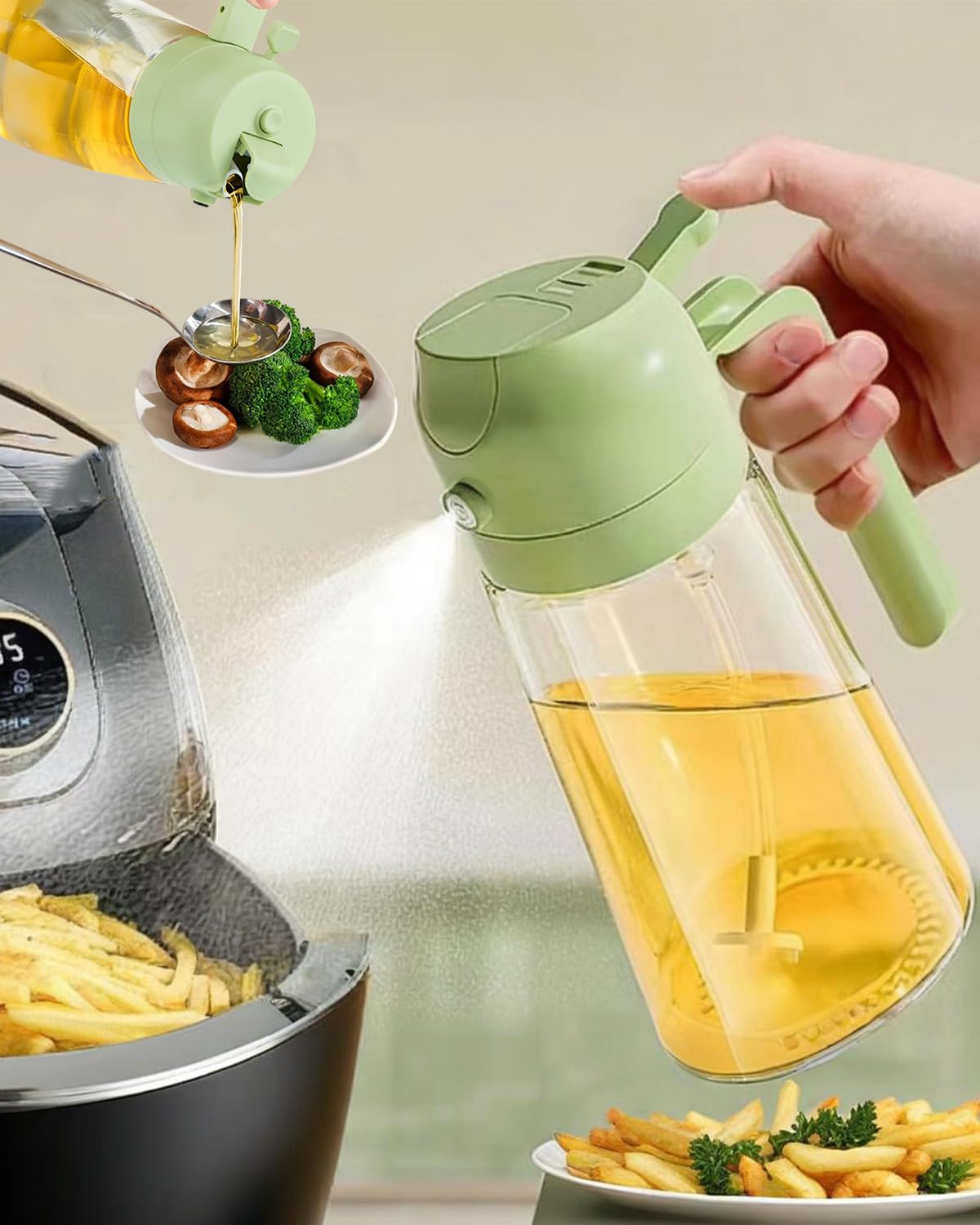 2 in 1 Oil Sprayer Bottle for Cooking, Glass Oil Bottle for Fryer, Salad, 470ml, Green