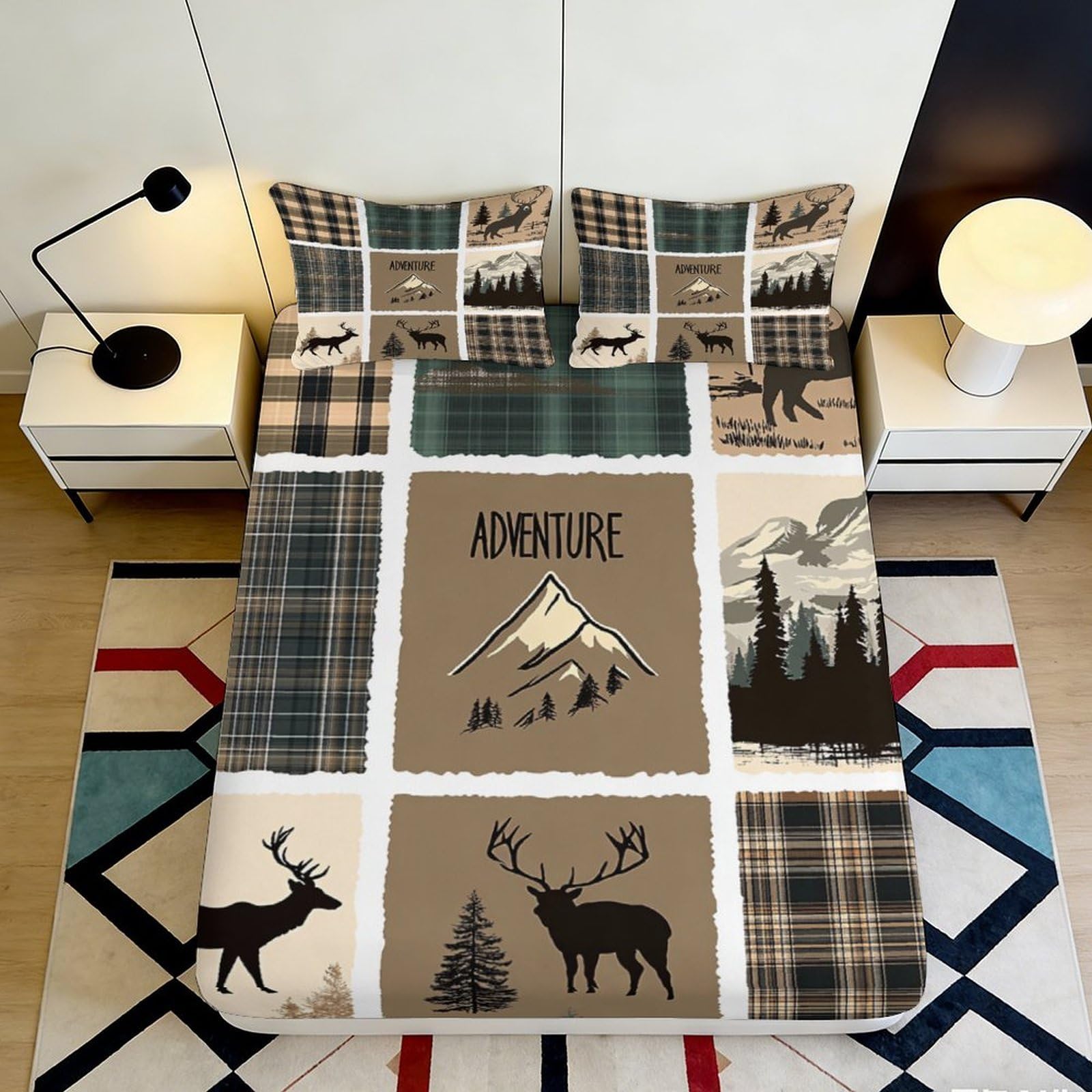 3D Printed Mountain Adventure Fitted Sheet Microfiber Plaid Forest Elk Mattress Cover for Bedroom Guest Room Decor 115 200x200x25cm