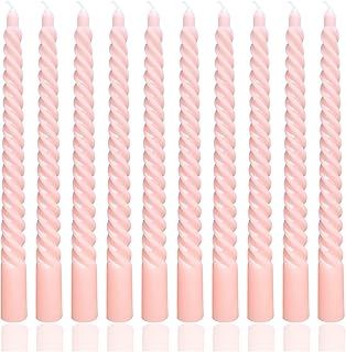 10 Inch Champagne Pink Spiral Taper Candle Set, 10 Pack Unscented Dripless Candlesticks for Dinner Party Wedding and Home Decoration
