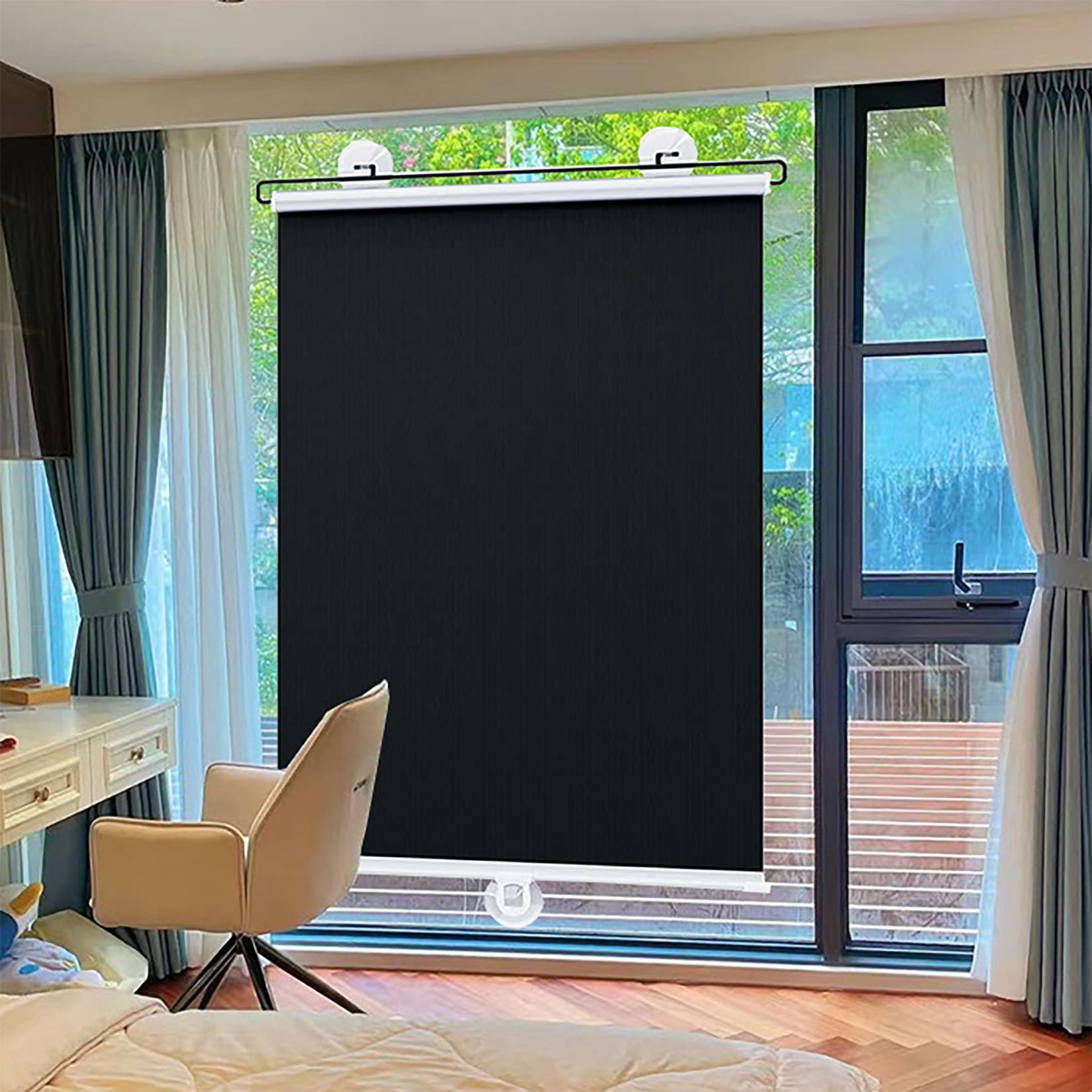 58x125cm Suction Cup Roller Blinds,Black Blackout Roller Blinds,Thermal Insulation and Sun Protection Privacy Screens,Retractable Portable Curtains,No Drilling Required for Home Office Car