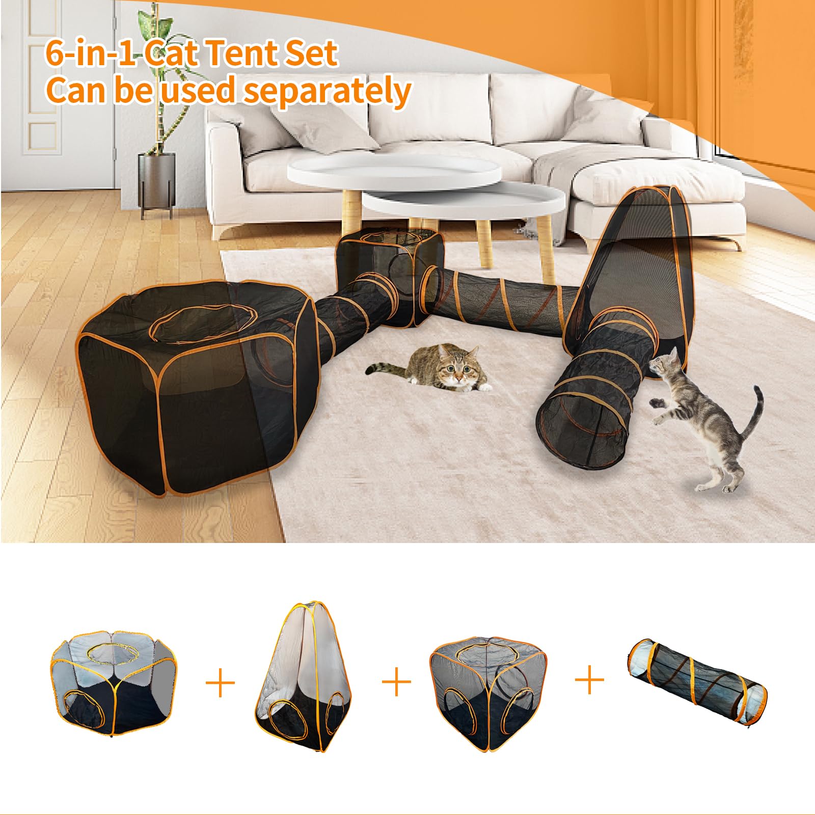 Keyzone Outdoor-Katzengehege für Indoor-Katzen, 6-in-1 tragbares Katzenspielhaus (Outdoor-Katzenzelt und runder Katzentunnel) für Katzen und Kleintiere, Indoor-Laufstall mit Tragetasche (6-in-1-Set)