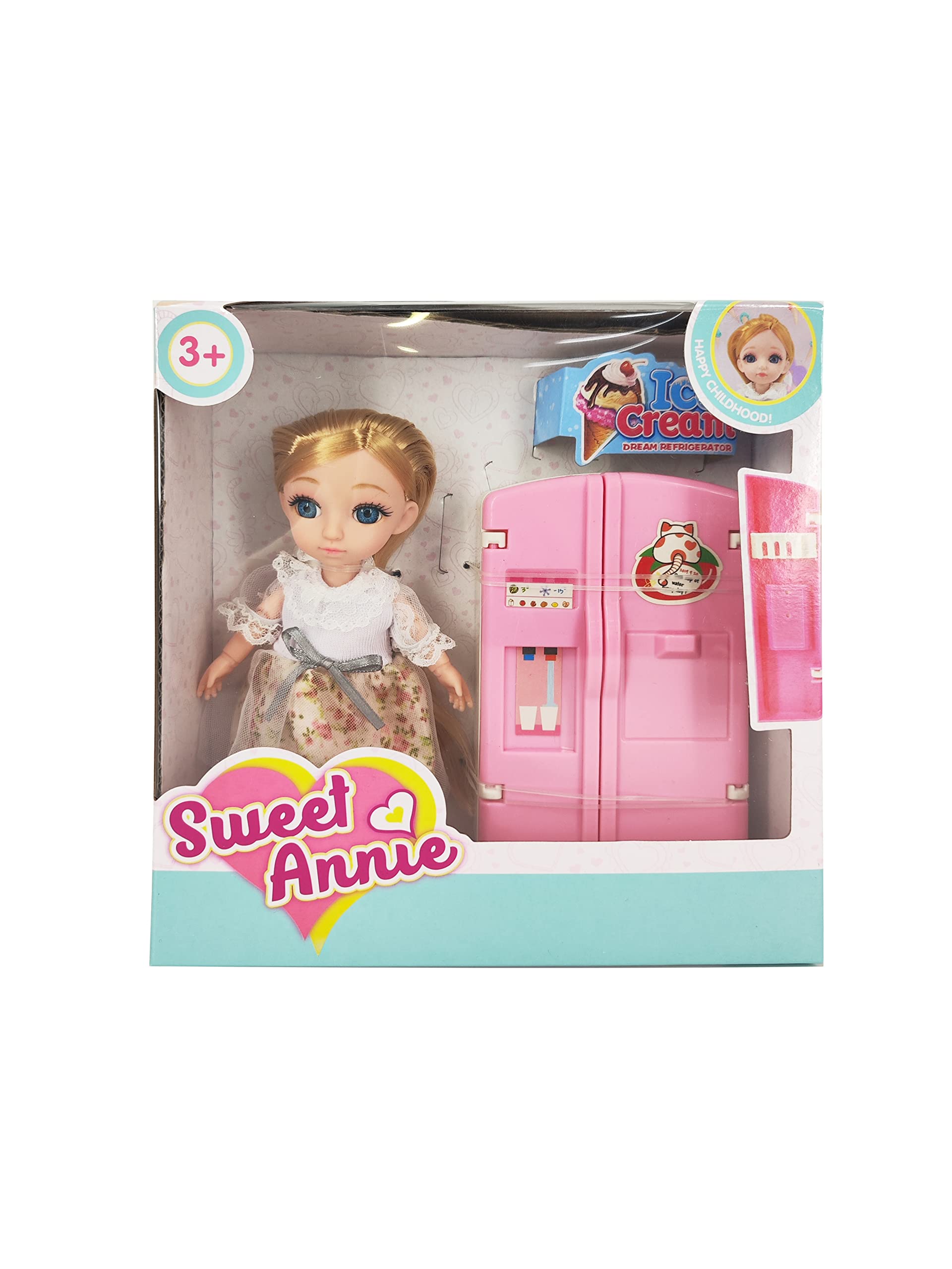 Sweet Annie Doll Dream Refrigerator Playset, 6 Inches Poseable Doll with 13 Joints, Stylish Outfit & Kitchen Fridge Accessories, Imaginative Pretend Play Toy for Kids Ages 3+