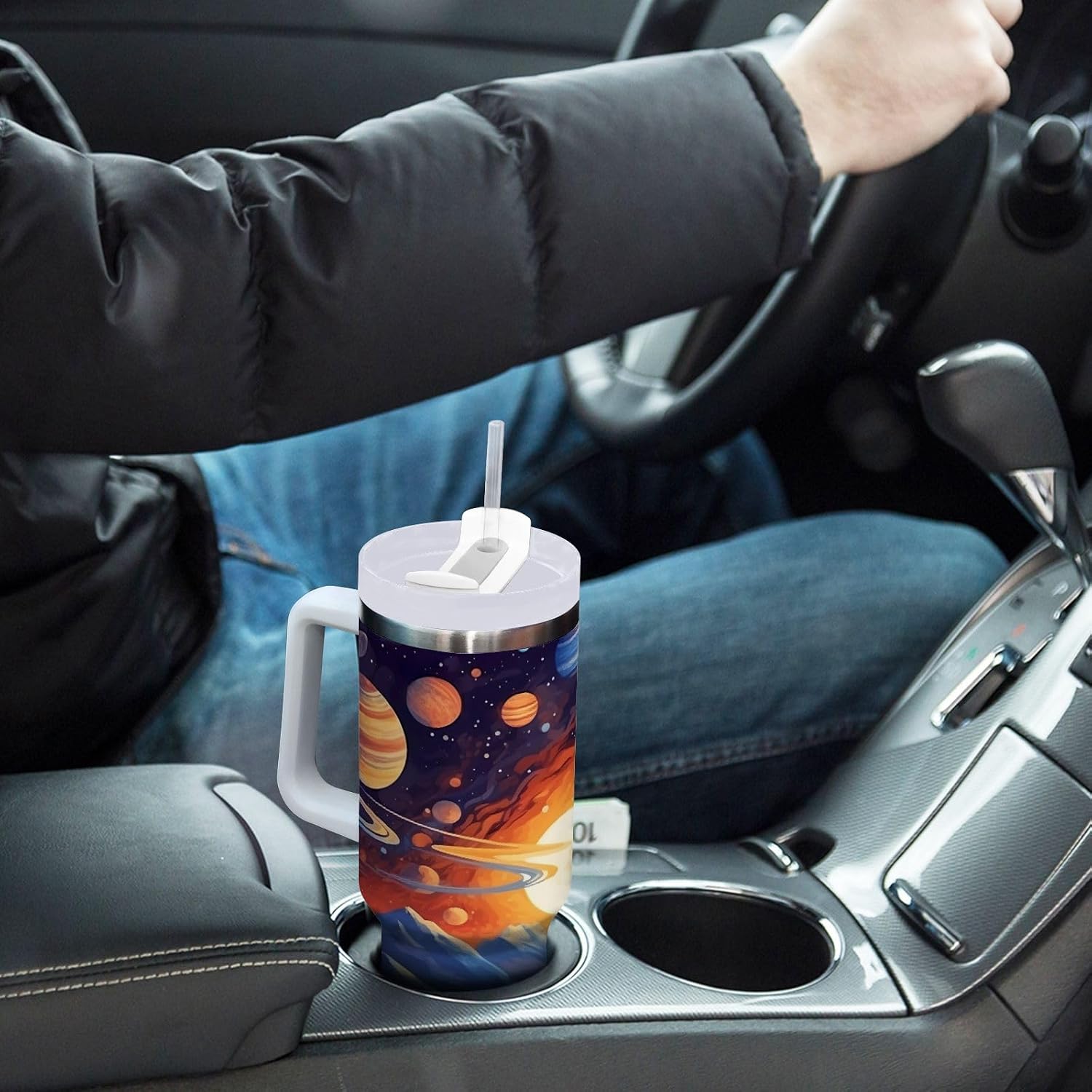40oz Tumbler with Handle and Straw Lid, Space Planet Galaxy Insulated Coffee Mug Stainless Steel Water Bottle Leakproof Vacuum Travel Coffee Cup