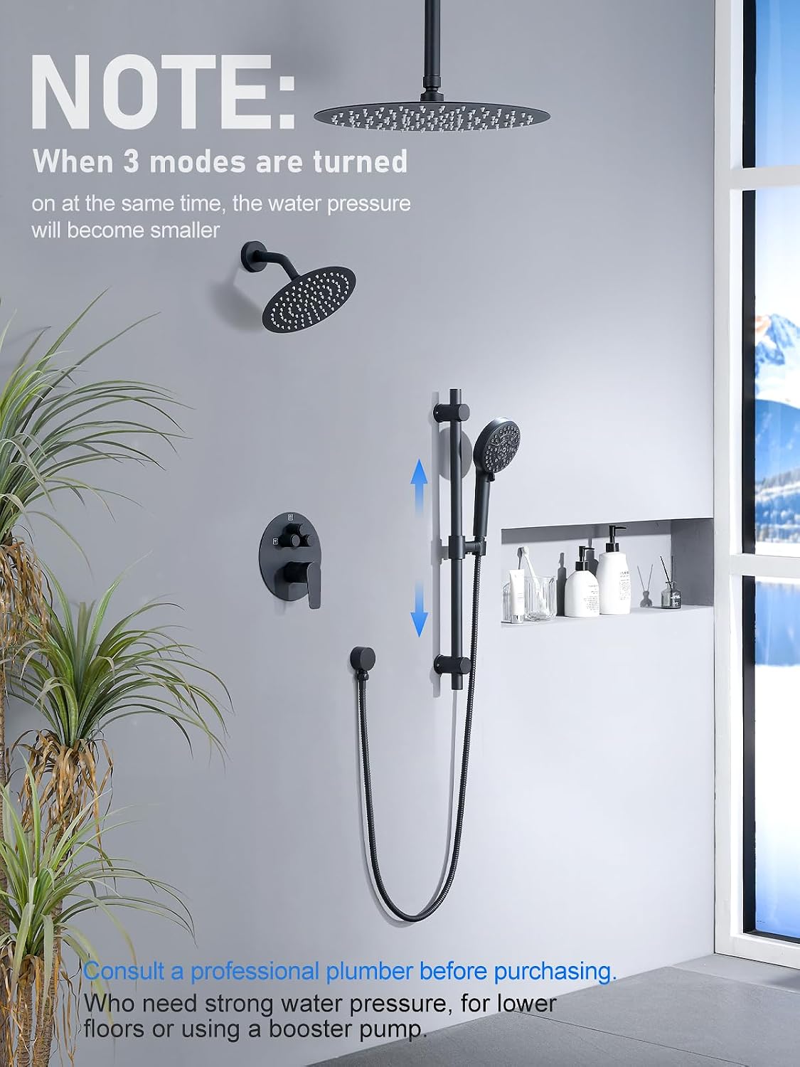 Woindo Shower Faucet Set with Slide Bar, 12" Rain Shower Head/8'' Side Shower Head and 10 Setting Handheld Ceiling Mount 3 Push Button Diverter Complete Rainfall Shower System Included Valve Trim Kit
