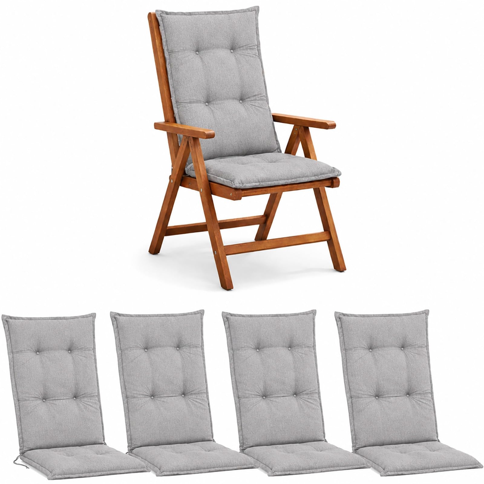 BURI 4 cojines para silla de jardín de 117 x 49 x 6 cm, resistente a la intemperie, con núcleo de espuma y vellón completo, cinta de sujeción y lazos, cómodo cojín para silla para balcón, terraza y