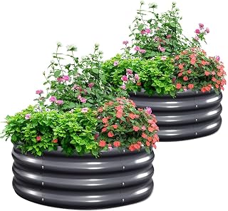 KING BIRD Raised Garden Bed Galvanized Round Planter Box Outdoor for Gardening, Plants, Vegetables, Flowers, Dark Grey, 23.6x23.6x11.8 in 2packs