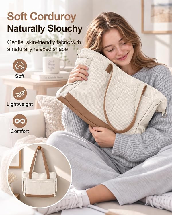 FIORETTO Corduroy Laptop Tote Bag for Women with 17 Pockets Beige & Brown L by FIORETTO - Used condition - US$23.79