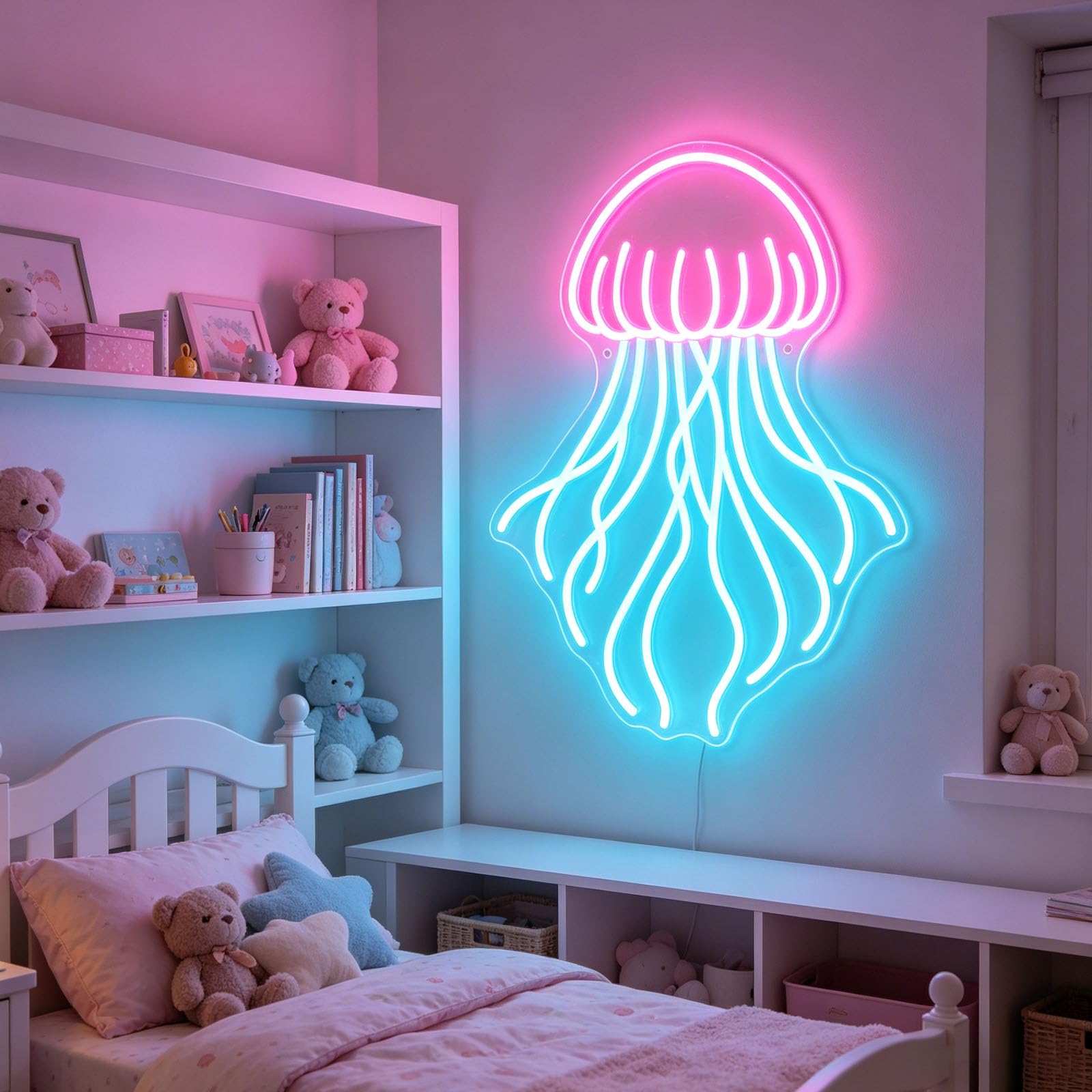 Jellyfish Neon Sign Cute Ocean LED Neon Signs USB Powered Dimmable Light Up Sign for Bedroom Wall Decor Ocean Display Room Wedding Party Kids Birthday Gift Holiday Decoration(5V 16.5 * 12.6 in)